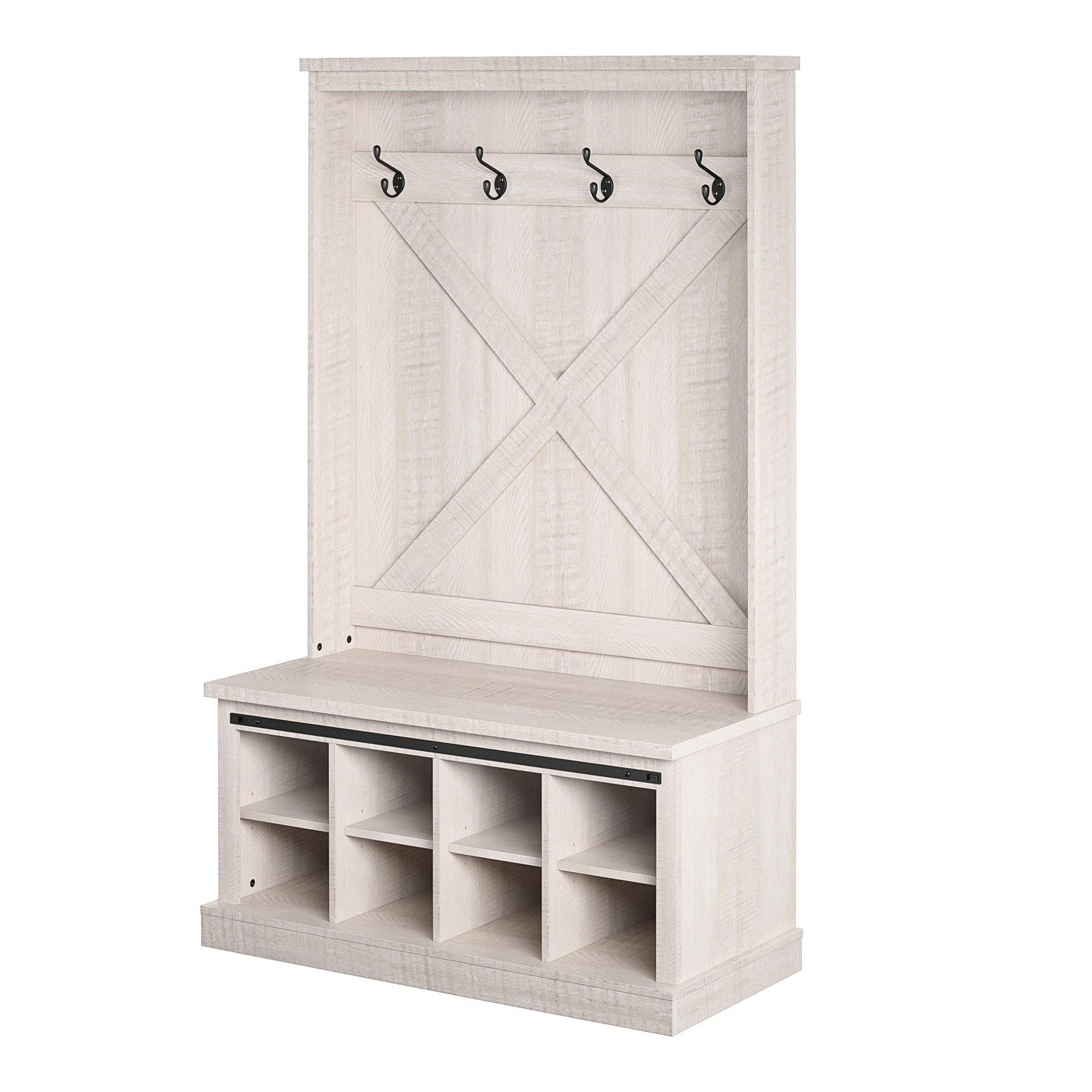 Harden Rustic Entryway Bench with Hall Tree, Shoe Cubbies and Metal Hooks - Rustic White