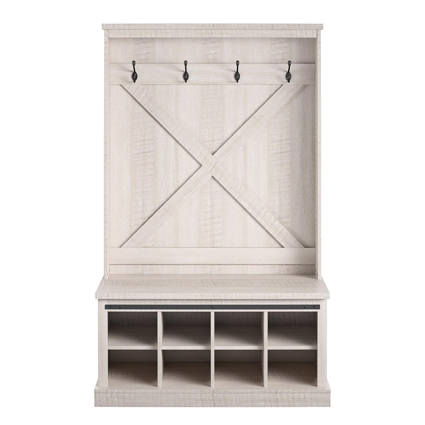 Harden Rustic Entryway Bench with Hall Tree, Shoe Cubbies and Metal Hooks - Rustic White