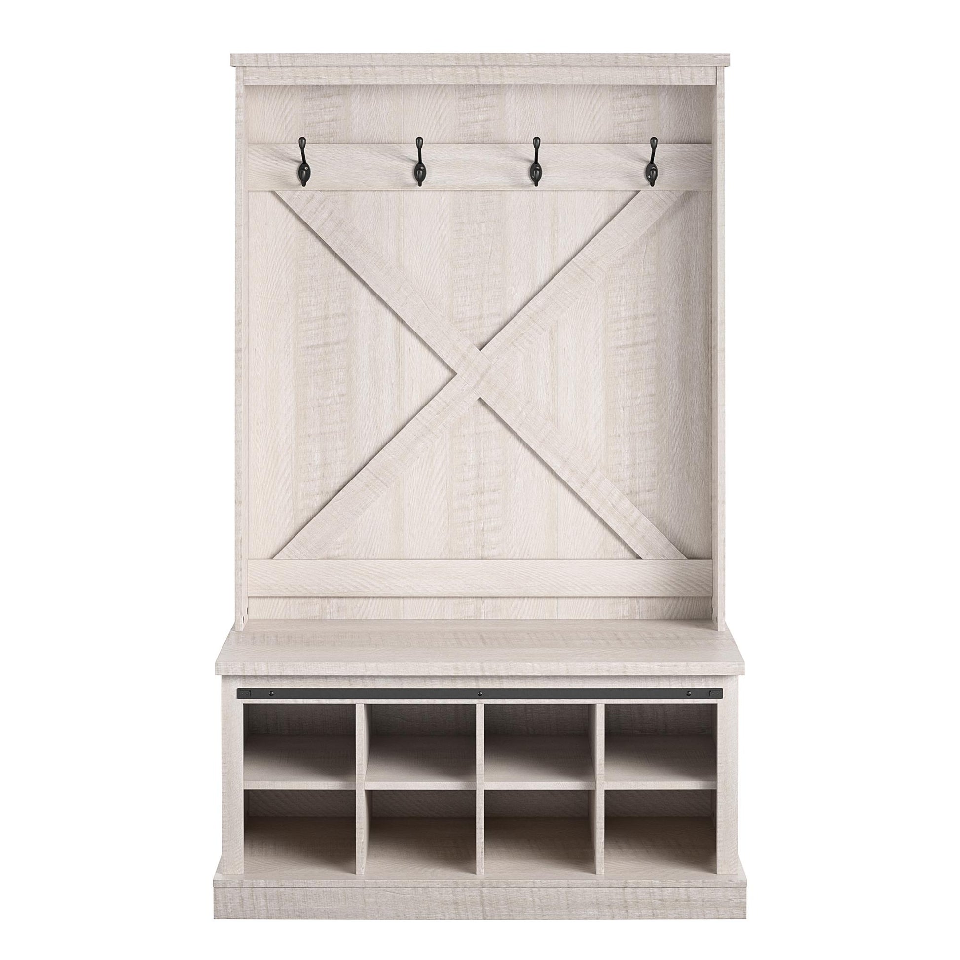 Harden Rustic Entryway Bench with Hall Tree, Shoe Cubbies and Metal Hooks - Rustic White