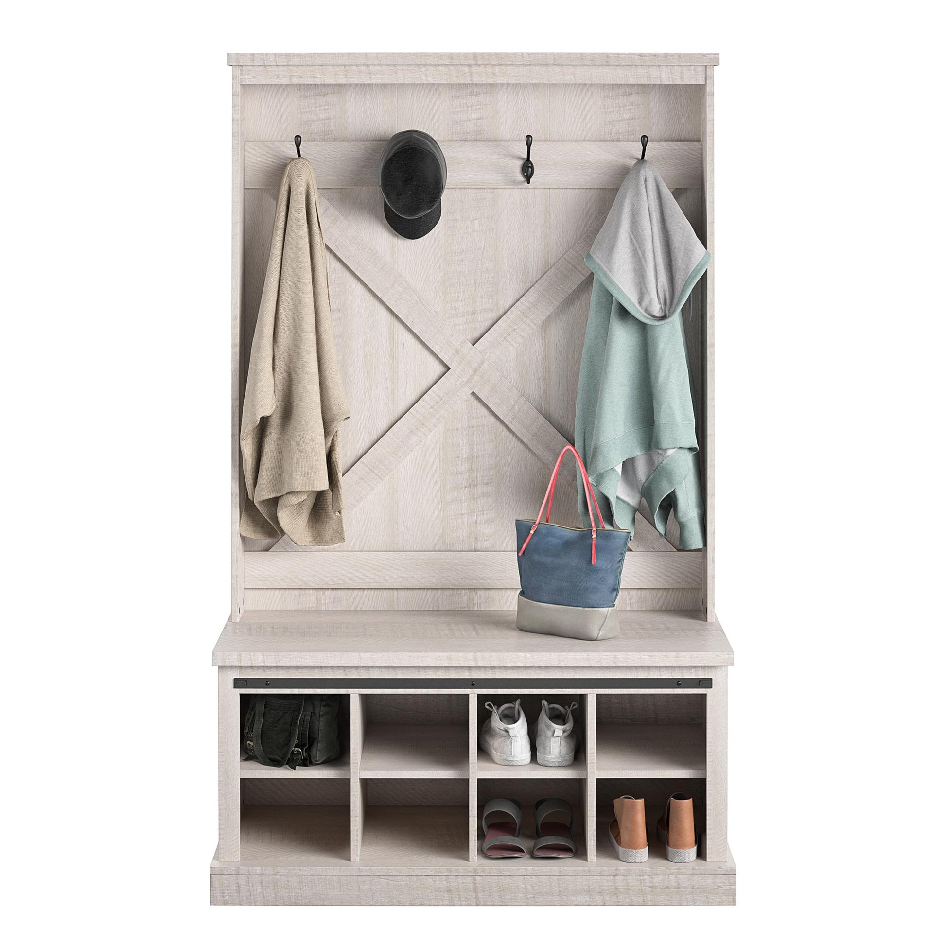 Harden Rustic Entryway Bench with Hall Tree, Shoe Cubbies and Metal Hooks - Rustic White