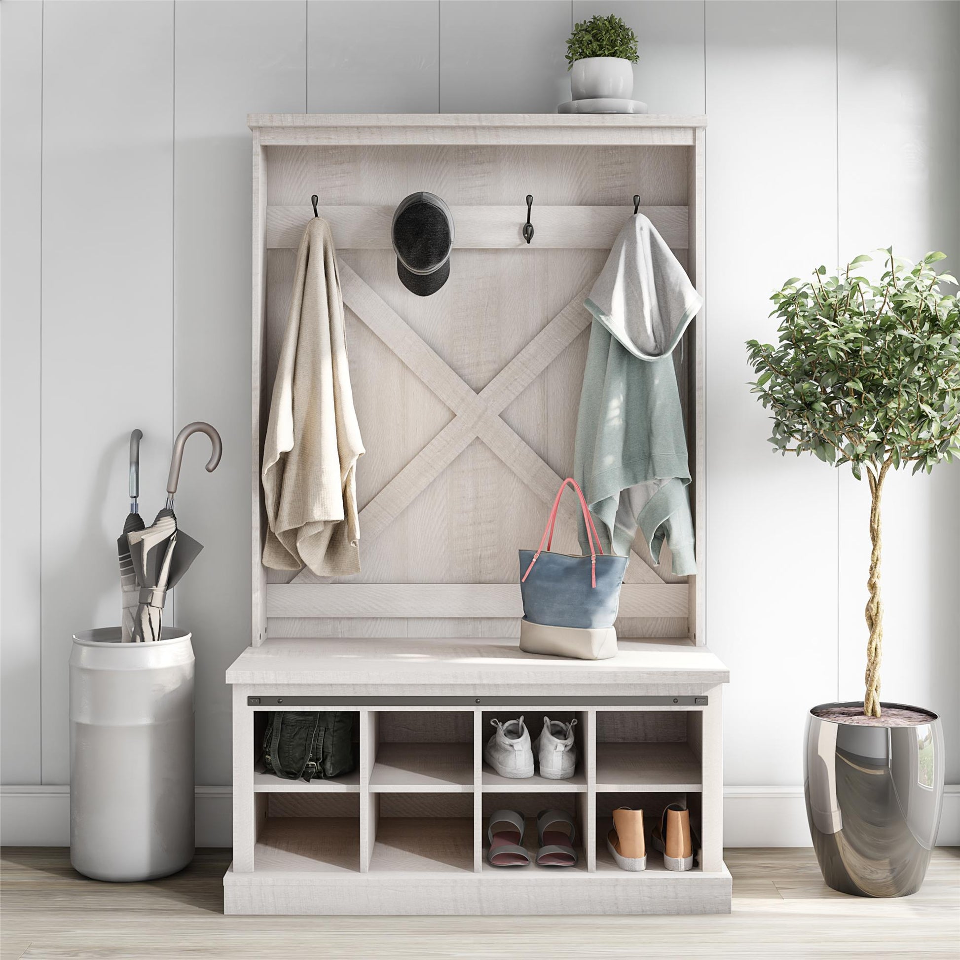 Harden Rustic Entryway Bench with Hall Tree, Shoe Cubbies and Metal Hooks - Rustic White