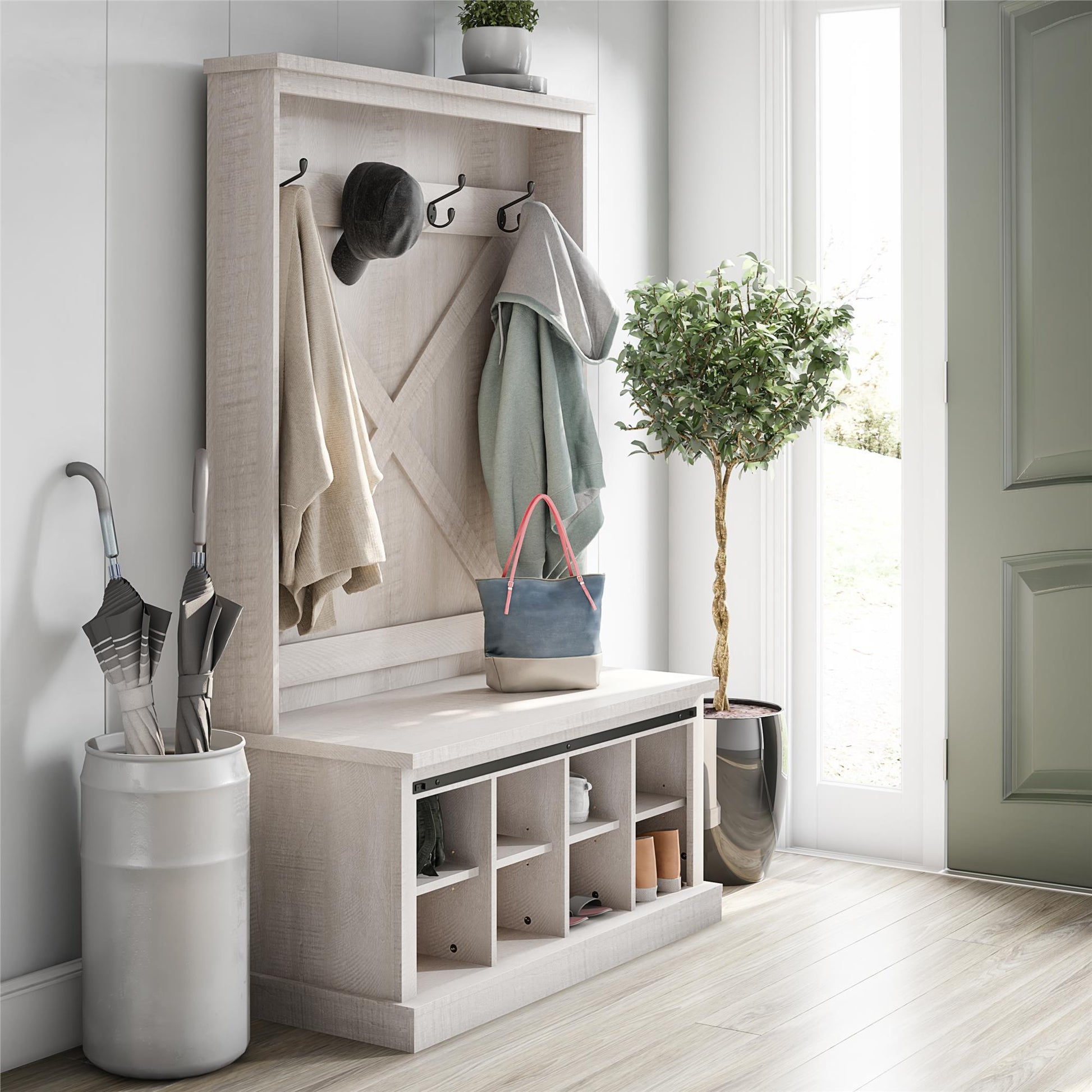 Harden Rustic Entryway Bench with Hall Tree, Shoe Cubbies and Metal Hooks - Rustic White