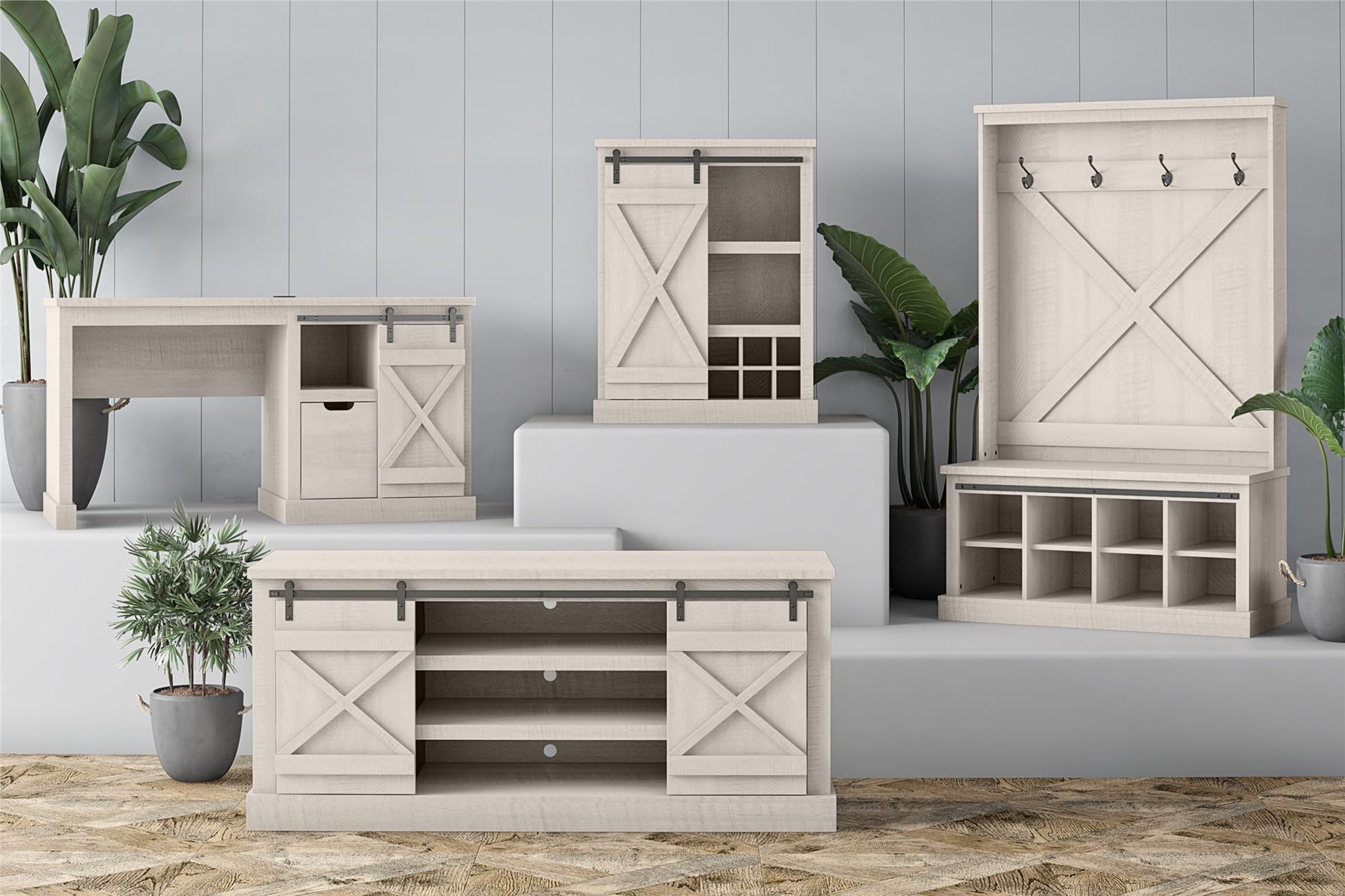 Harden Rustic Entryway Bench with Hall Tree, Shoe Cubbies and Metal Hooks - Rustic White
