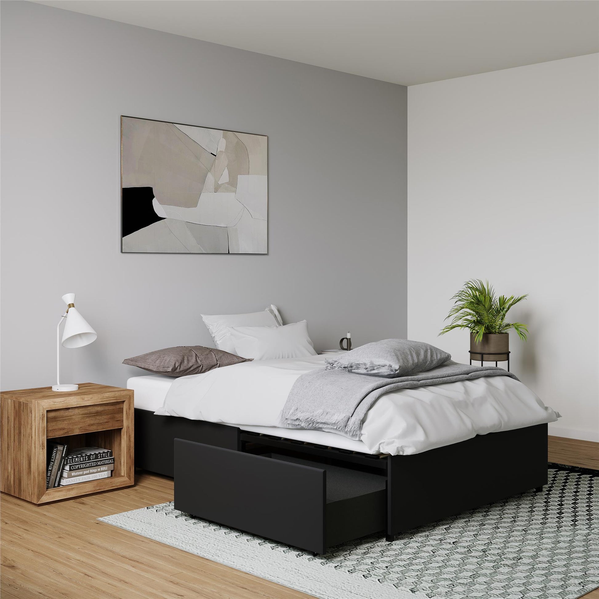 Maven Platform Bed with 2 Rollout Drawers for Storage - Black Faux Leather - Full