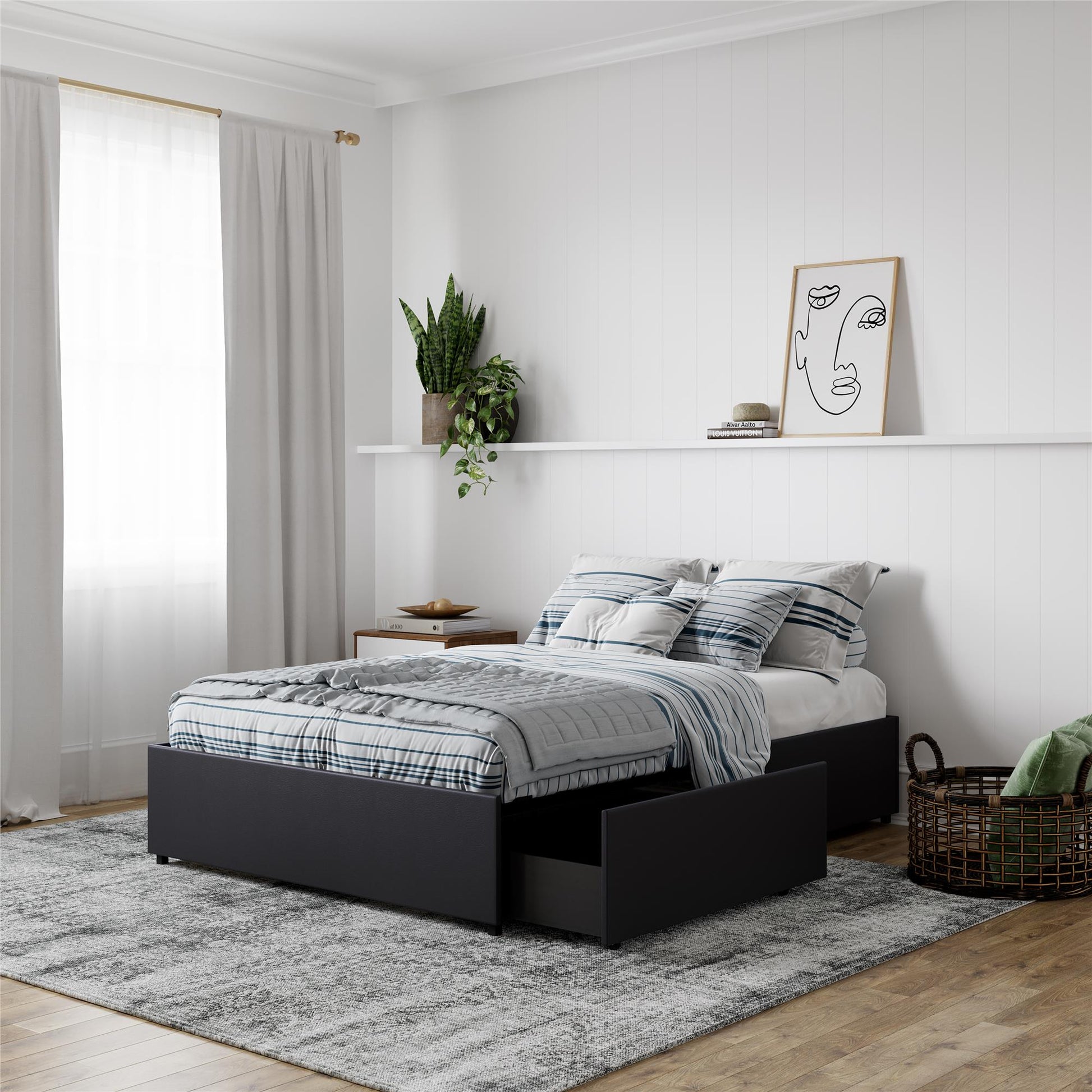 Maven Platform Bed with 2 Rollout Drawers for Storage - Black Faux Leather - Full