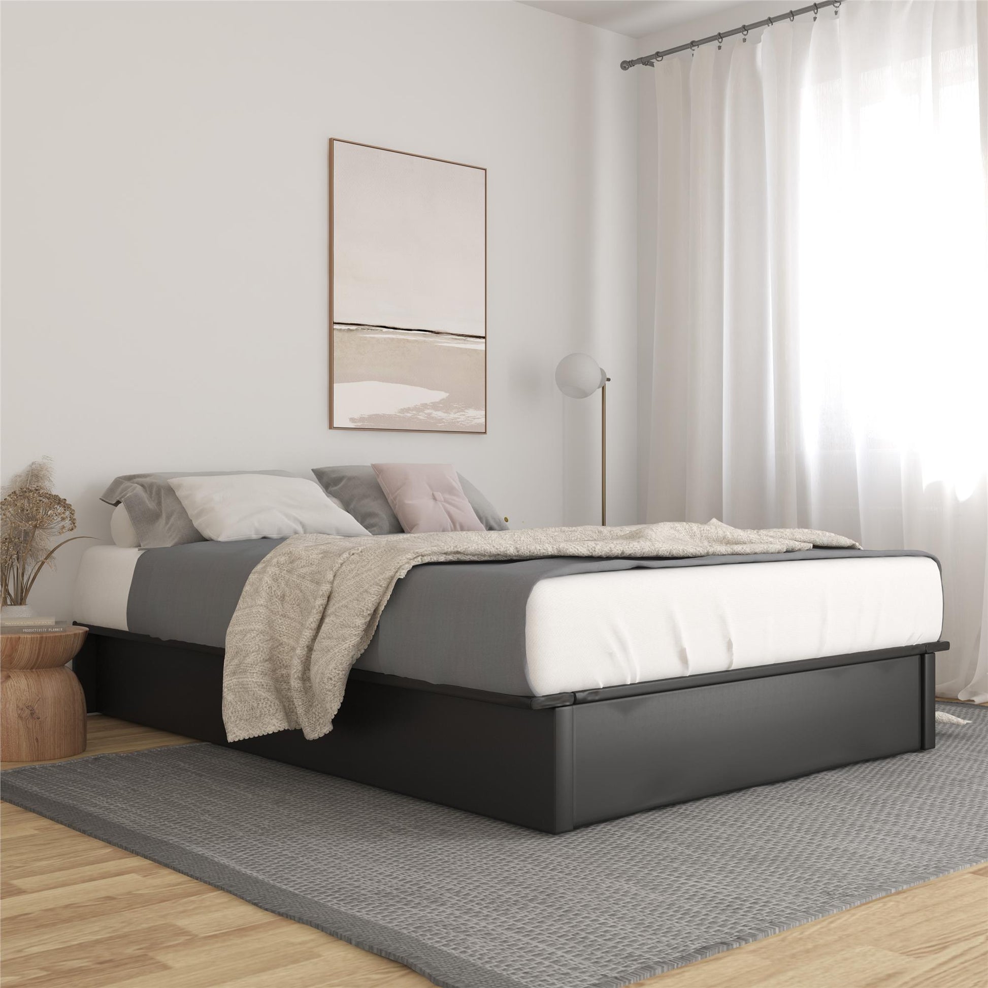 Maven Upholstered Bed with Modern Low Profile Design - Black - Queen