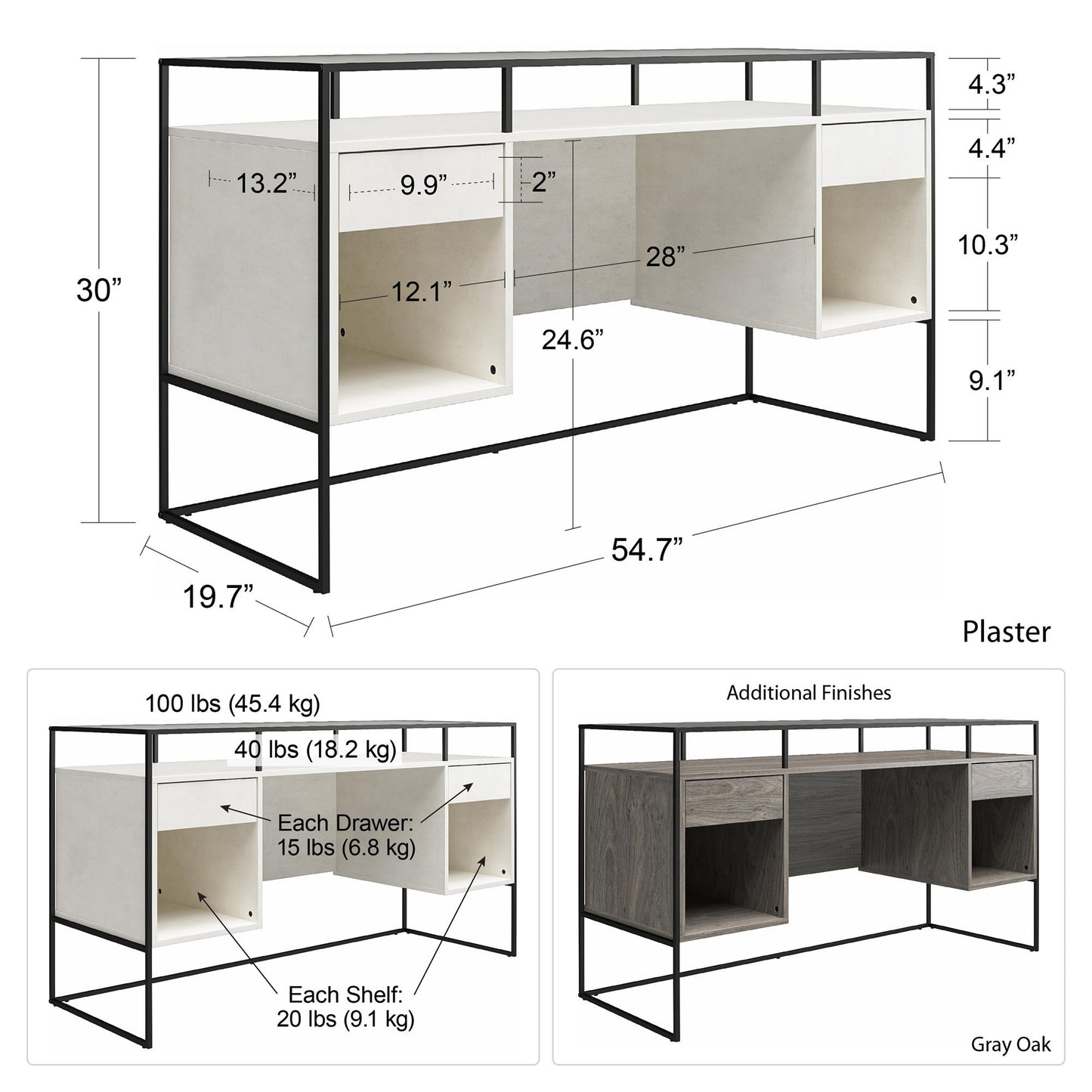Camley Modern Desk with Fluted Glass Top, 2 Drawers and Storage, Plaster - Plaster