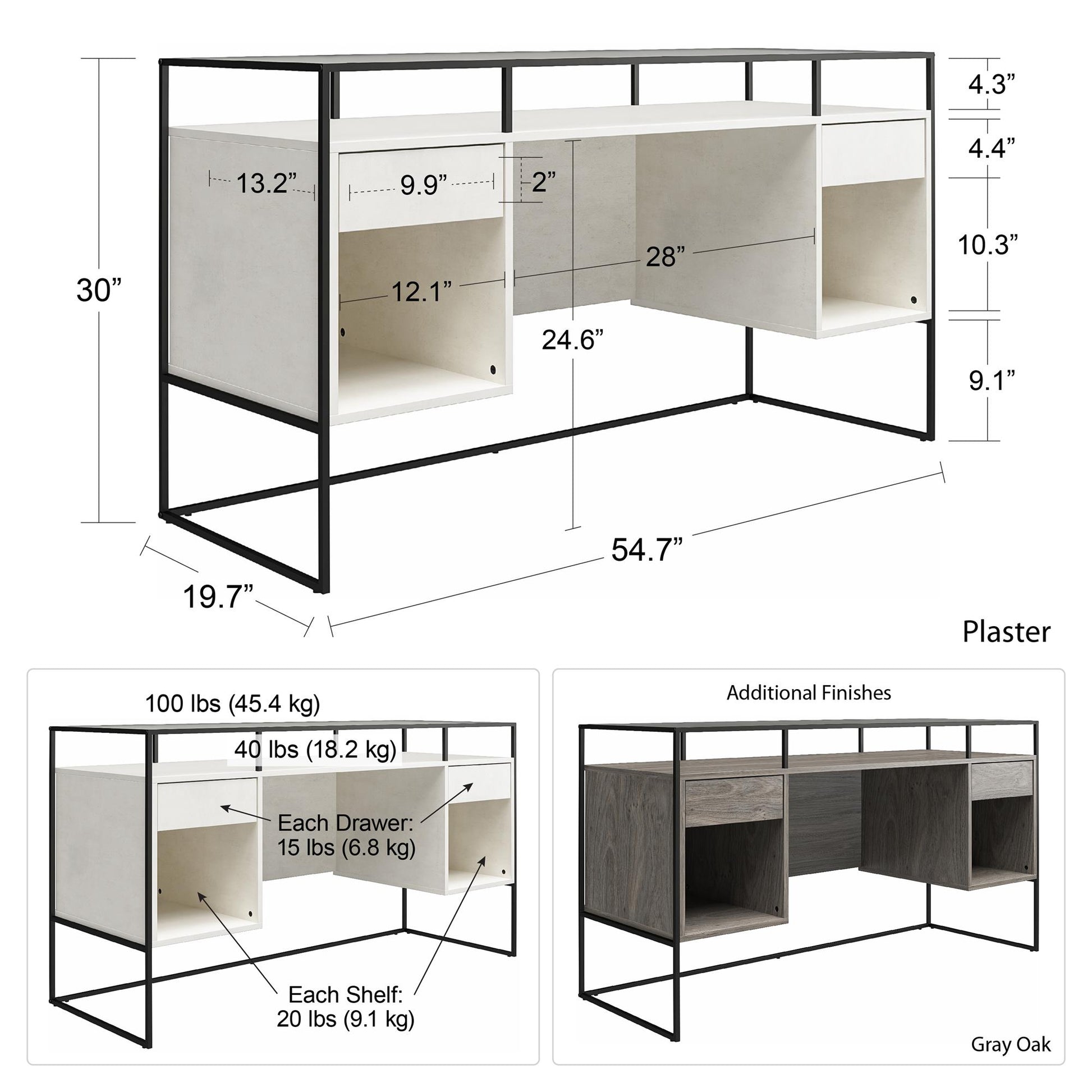Camley Modern Desk with Fluted Glass Top, 2 Drawers and Storage, Plaster - Plaster