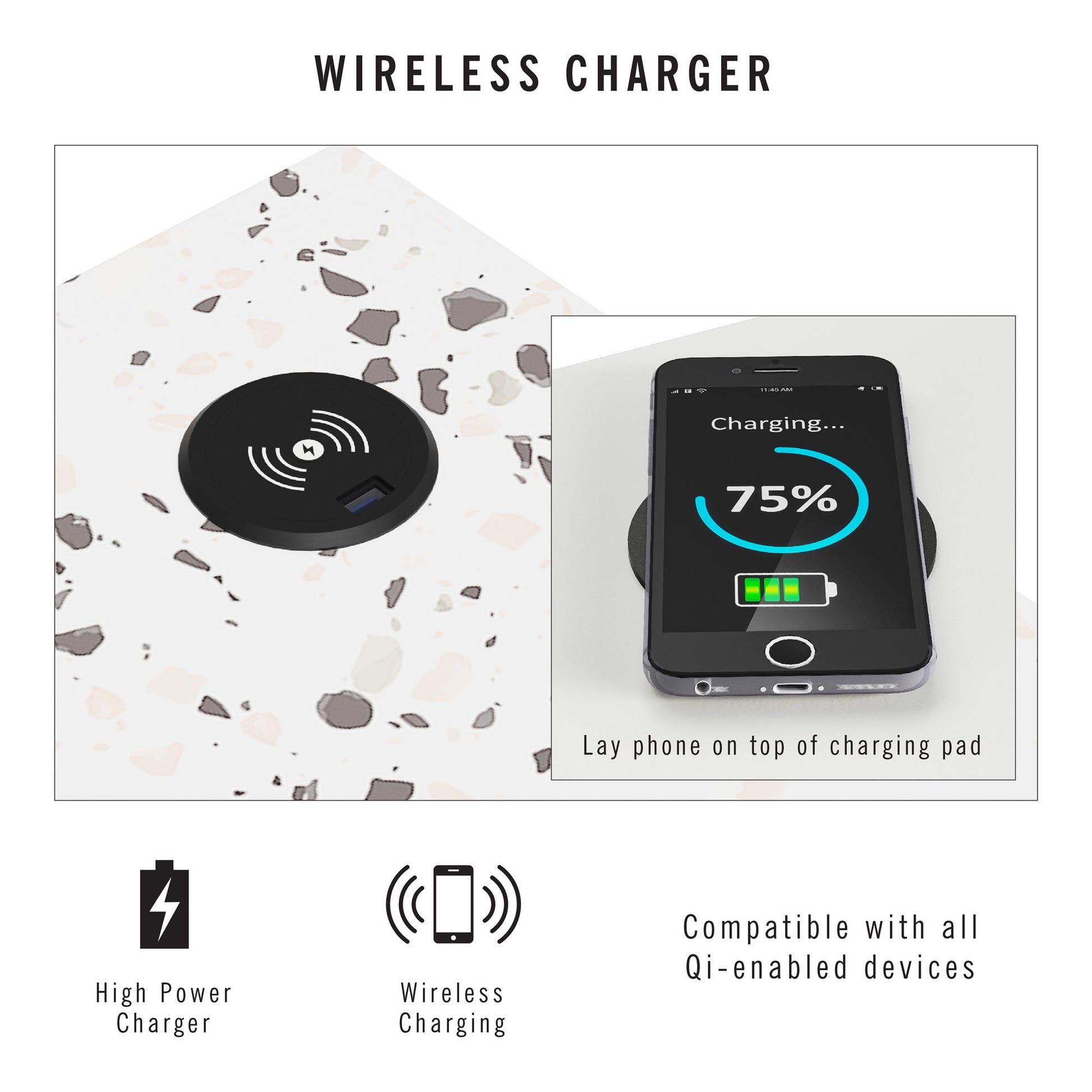 CosmoLiving by Cosmopolitan Astor Desk w/ Wireless Charger, White with Terrazzo Top - White