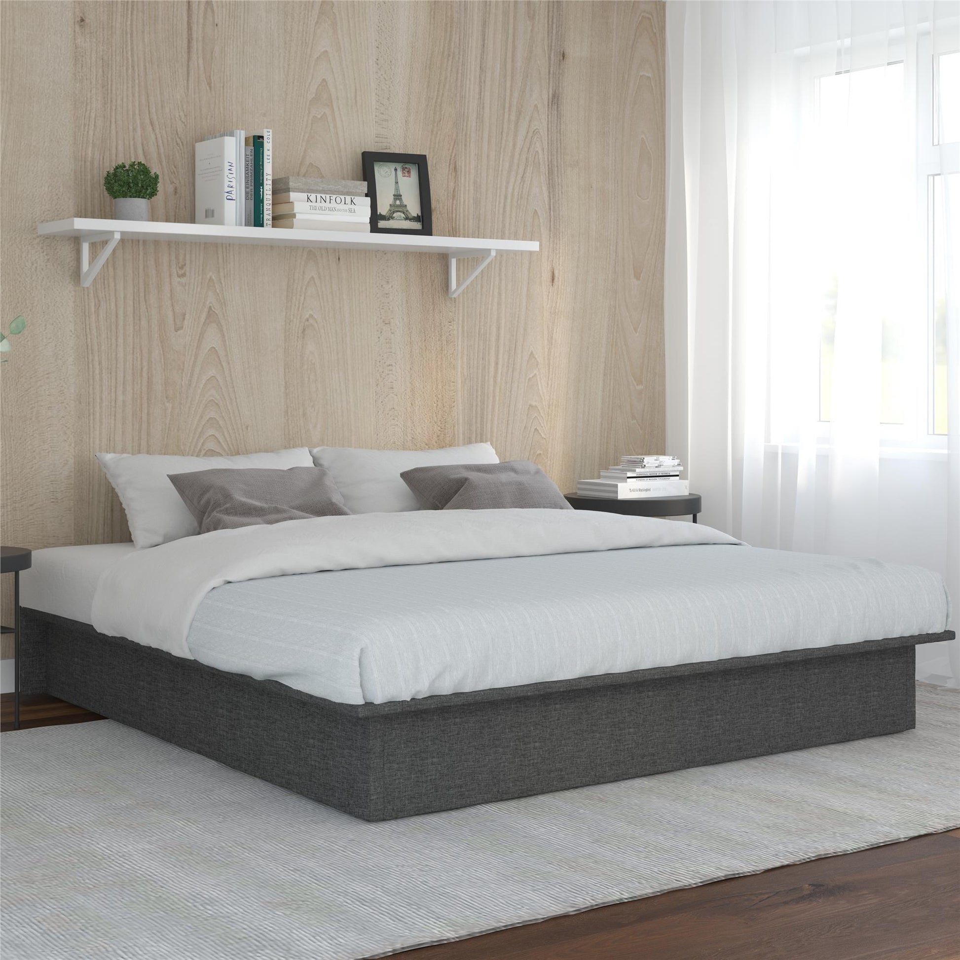 Alden Contemporary Upholstered Platform Bed with Slats - Grey Linen - King