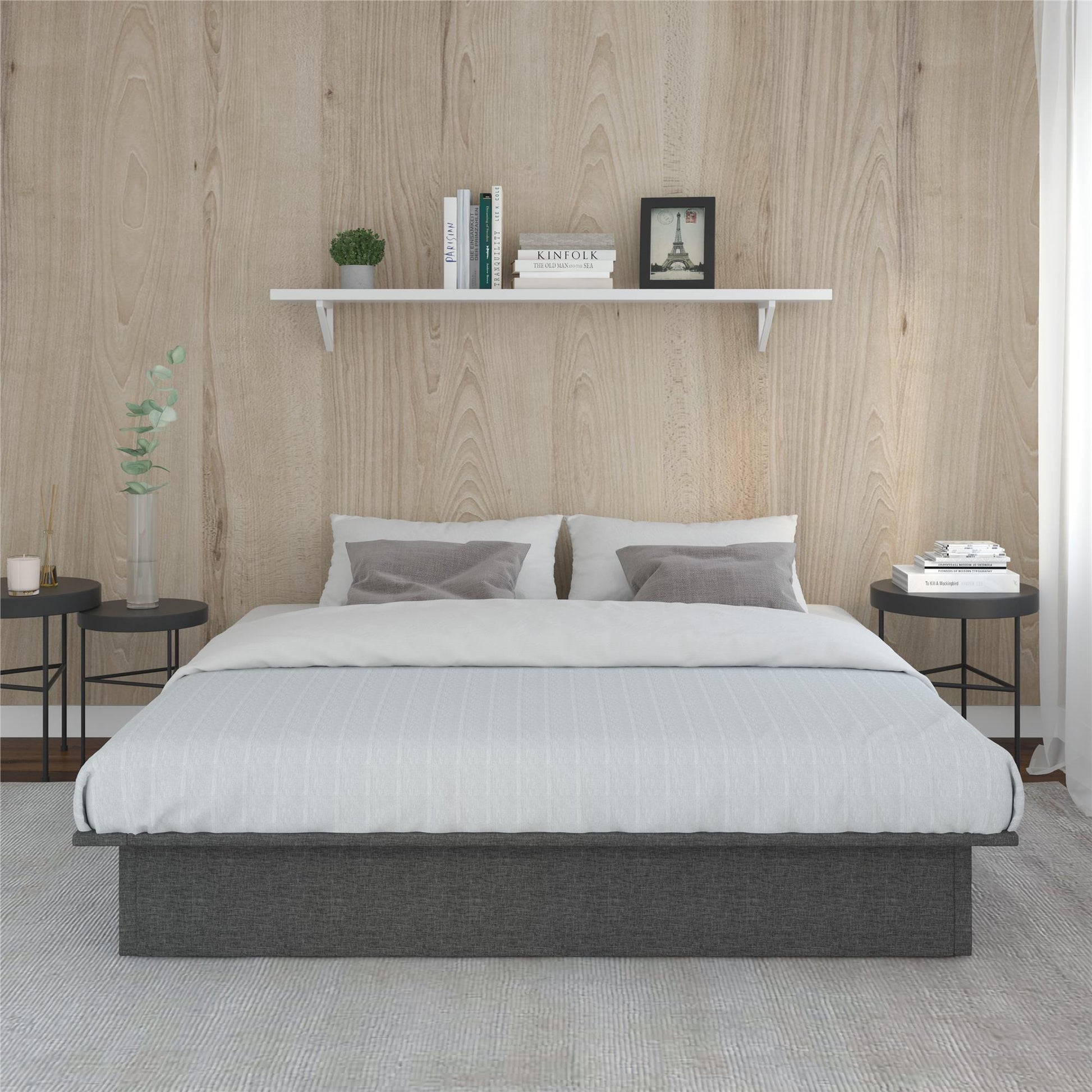 Alden Contemporary Upholstered Platform Bed with Slats - Grey Linen - King