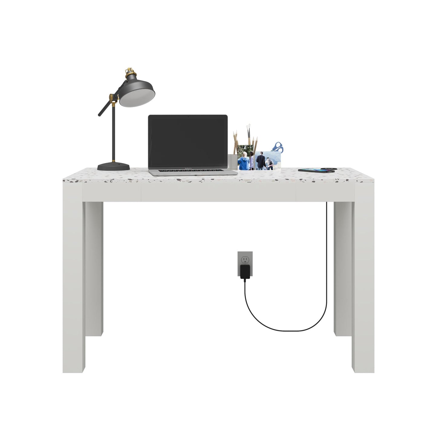 CosmoLiving by Cosmopolitan Astor Desk w/ Wireless Charger, White with Terrazzo Top - White