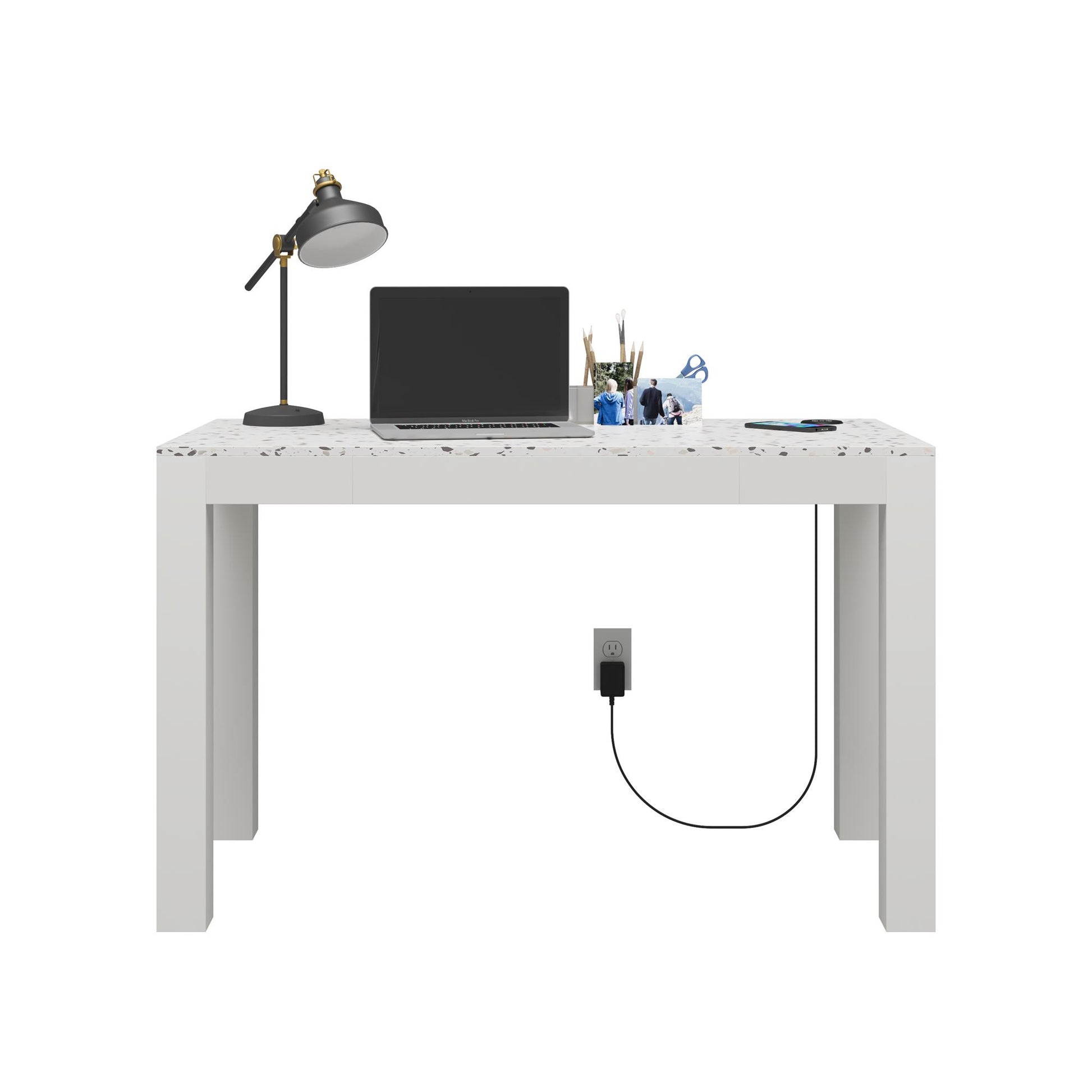 CosmoLiving by Cosmopolitan Astor Desk w/ Wireless Charger, White with Terrazzo Top - White