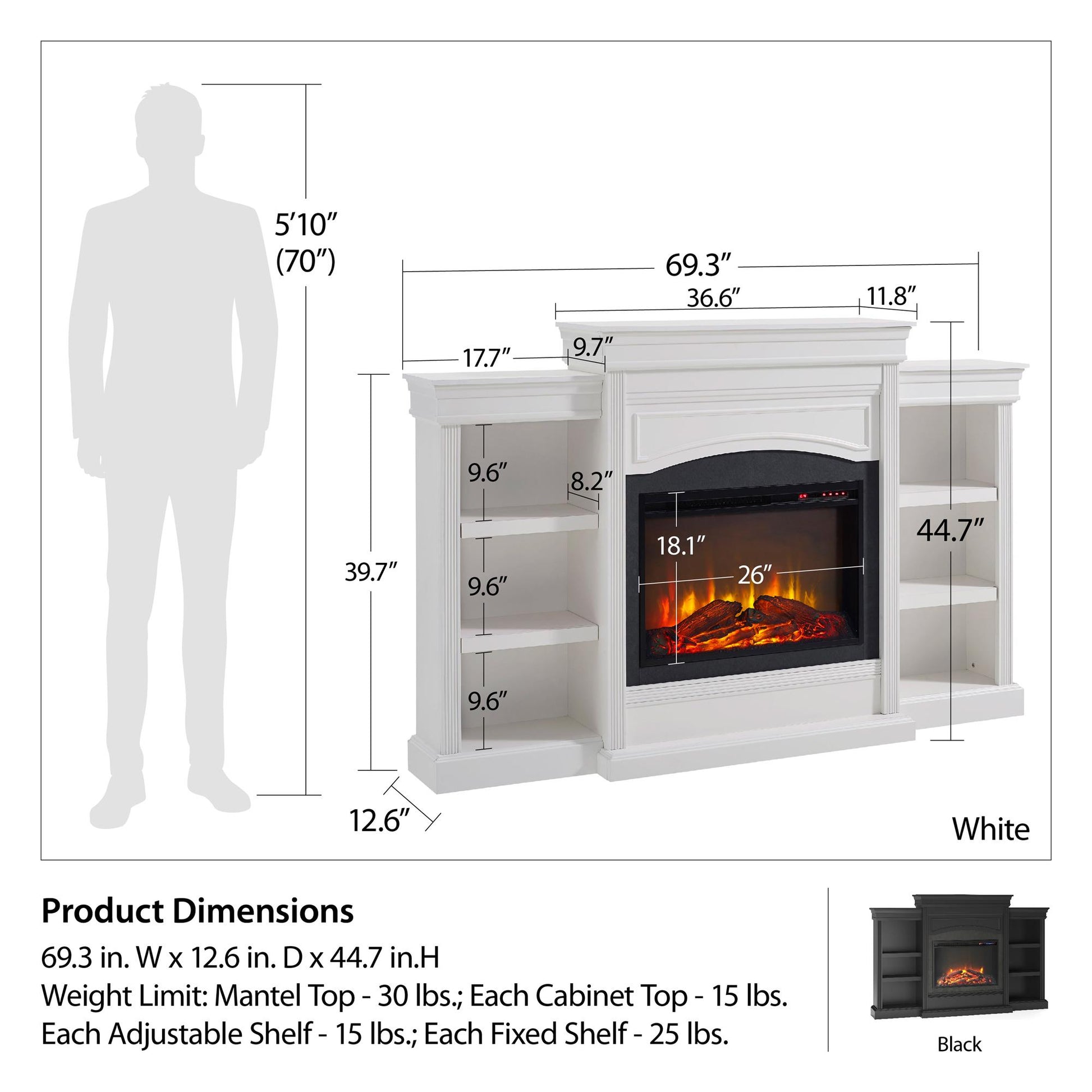Lamont Mantel Fireplace with Side Shelves and 26 Inch Fireplace Insert - White