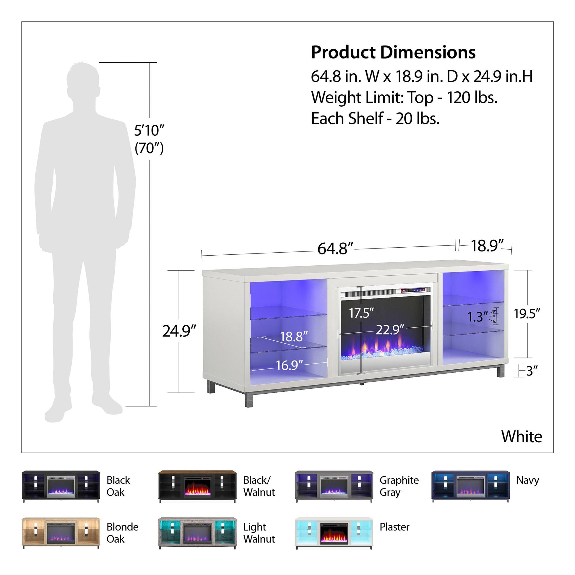 Lumina Fireplace TV Stand for TVs up to 70 Inch with 7 Color LED Lights - White - 66”-70”