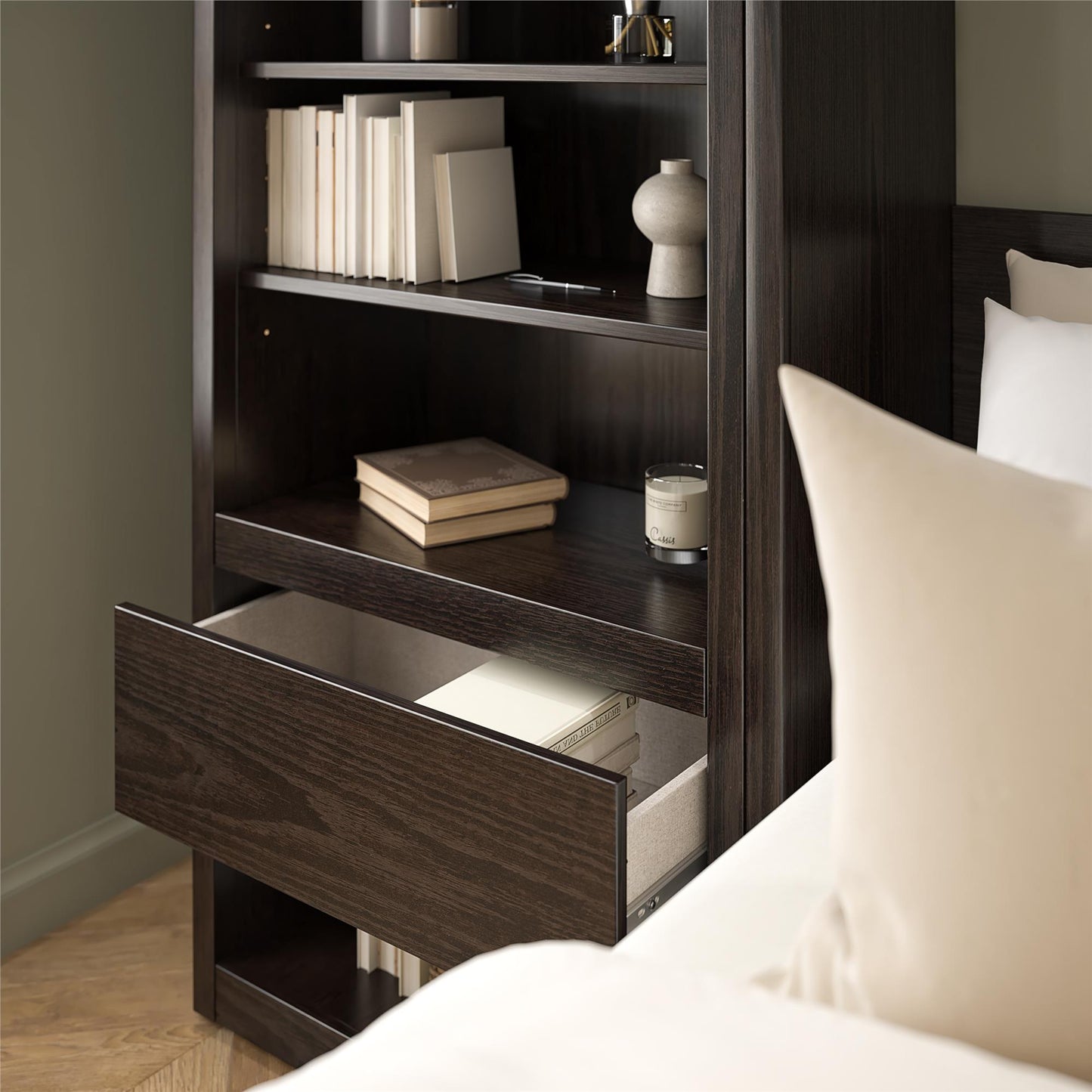Signature Sleep Single Side Cabinet for Wall Beds with Pullout Nightstand and Storage, Espresso - Espresso
