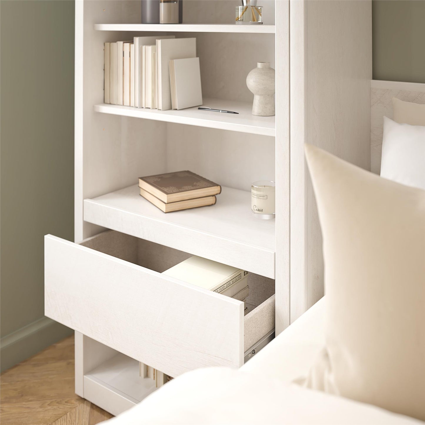 Signature Sleep Single Side Cabinet for Wall Beds with Pullout Nightstand and Storage, Ivory Oak - Ivory Oak