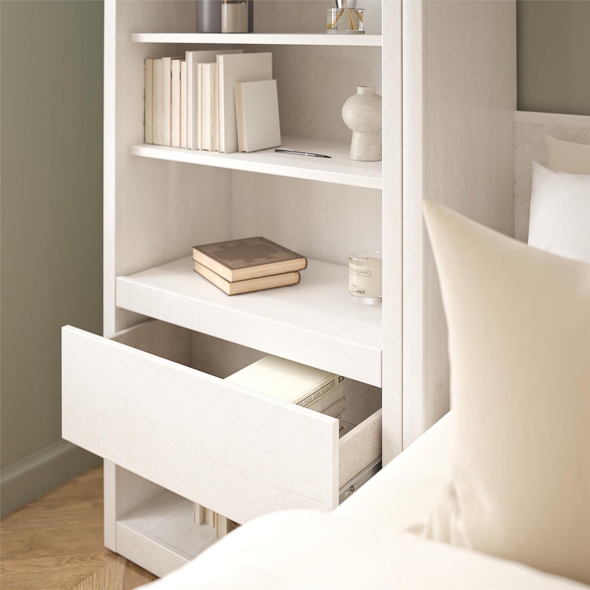 Signature Sleep Single Side Cabinet for Wall Beds with Pullout Nightstand and Storage, Ivory Oak - Ivory Oak