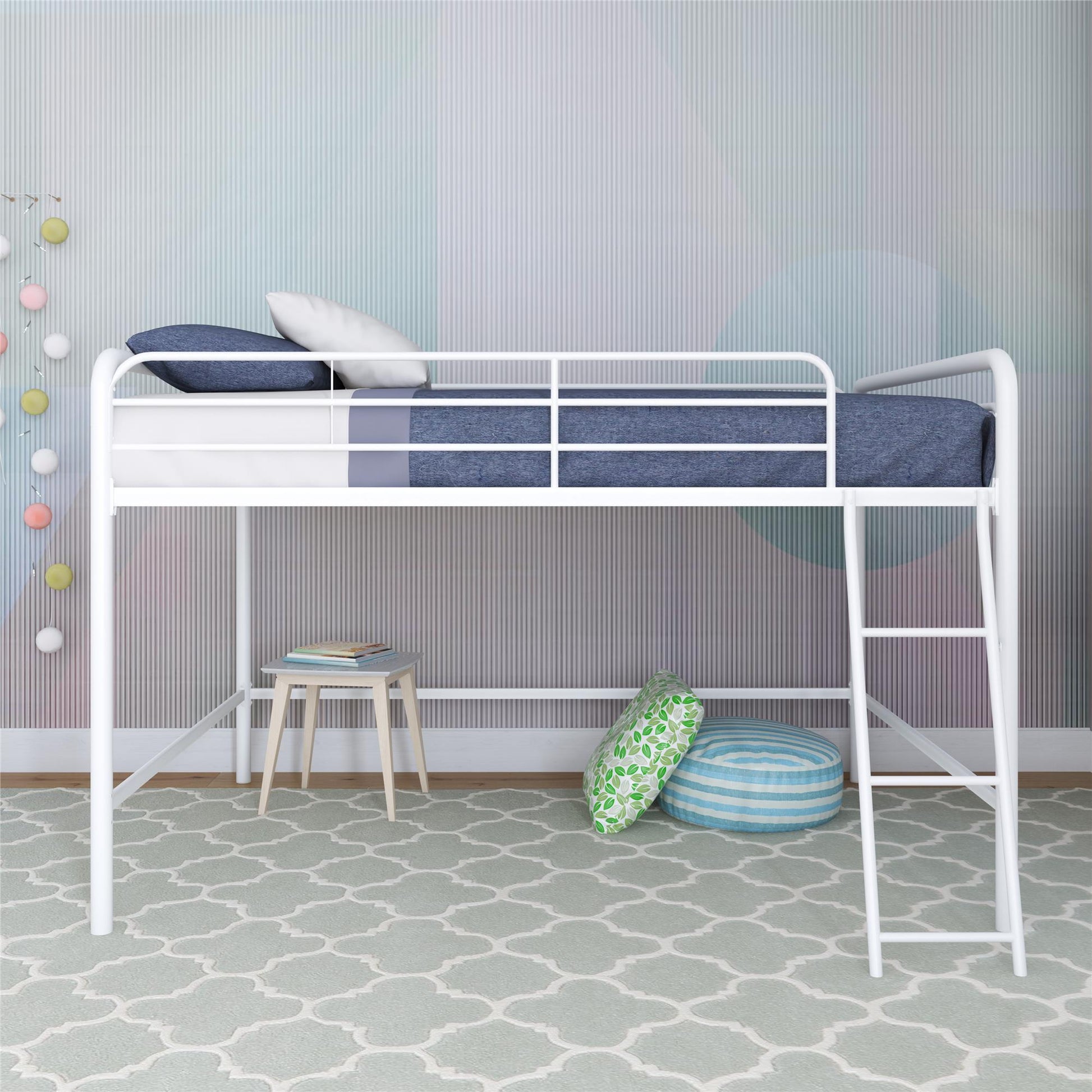 Jett Junior Full Metal Loft Bed with 3 Step Ladder - White - Full