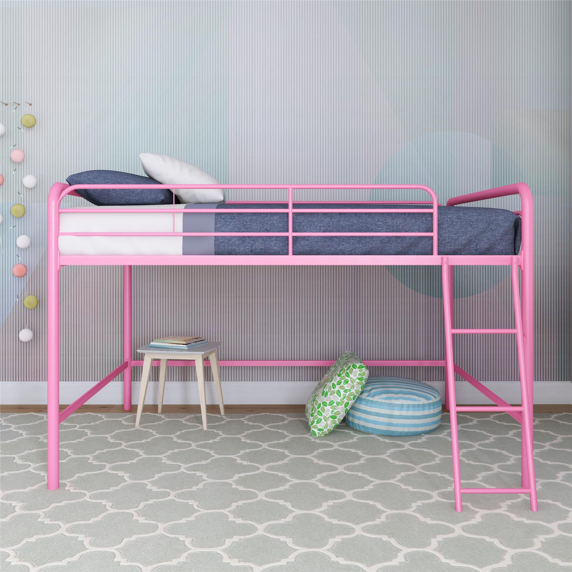Jett Junior Full Metal Loft Bed with 3 Step Ladder - Pink - Full