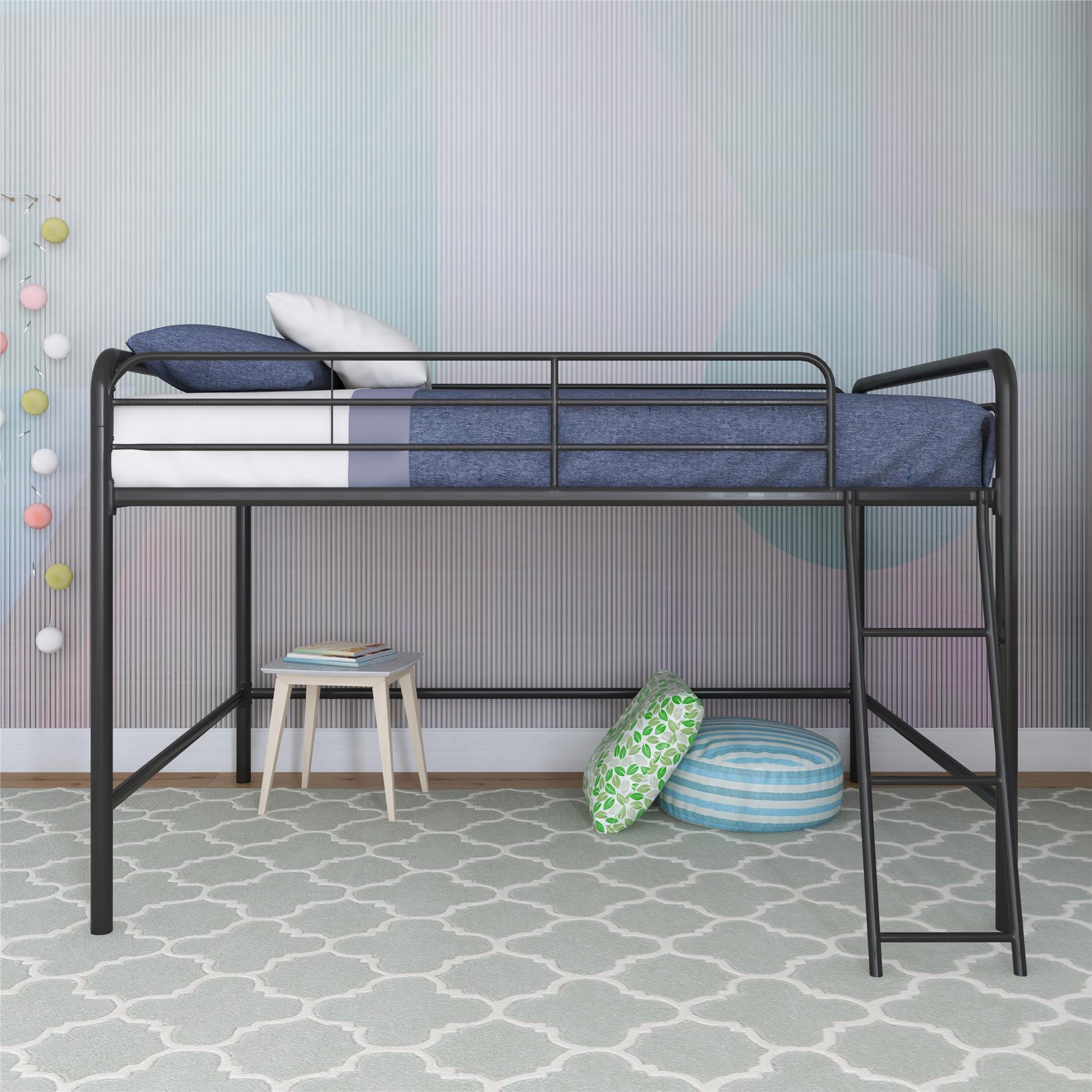 Jett Junior Full Metal Loft Bed with 3 Step Ladder - Black - Full