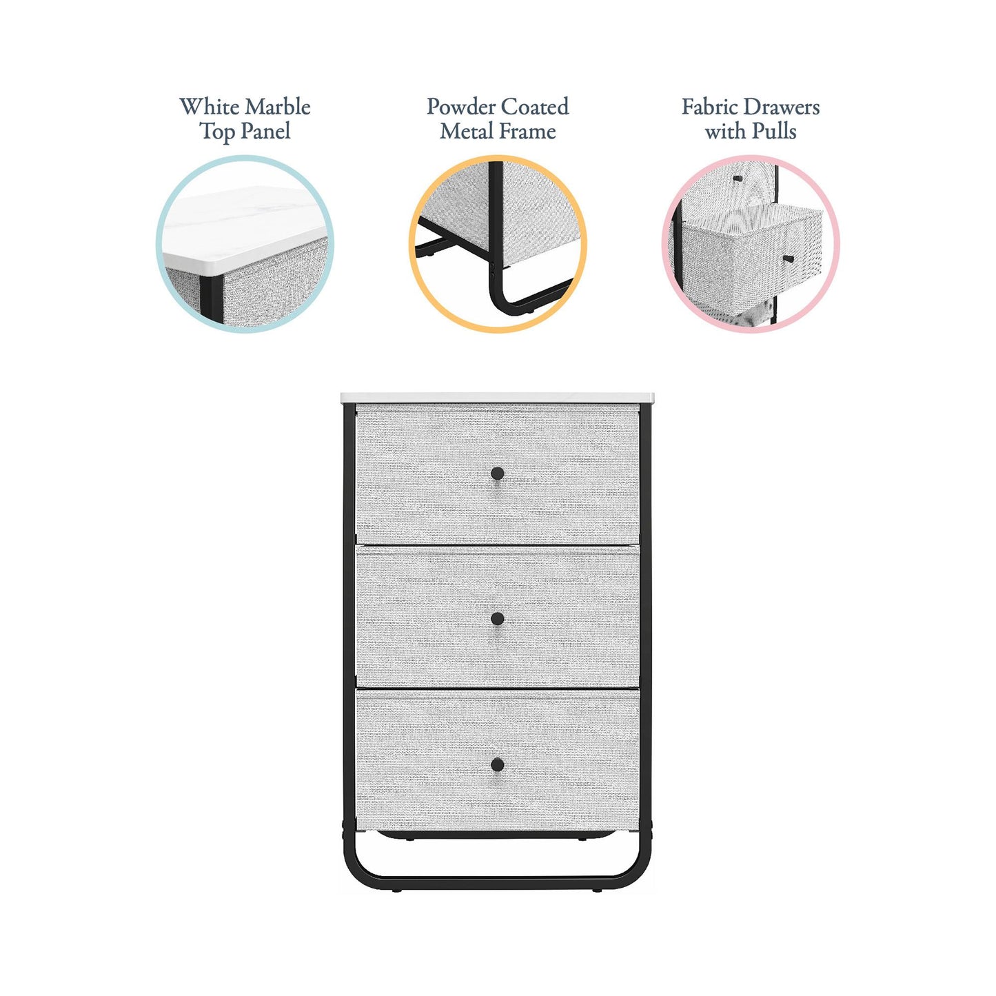 Keegan 3 Drawer Fabric Bin Storage Organizer with Metal Frame - White marble