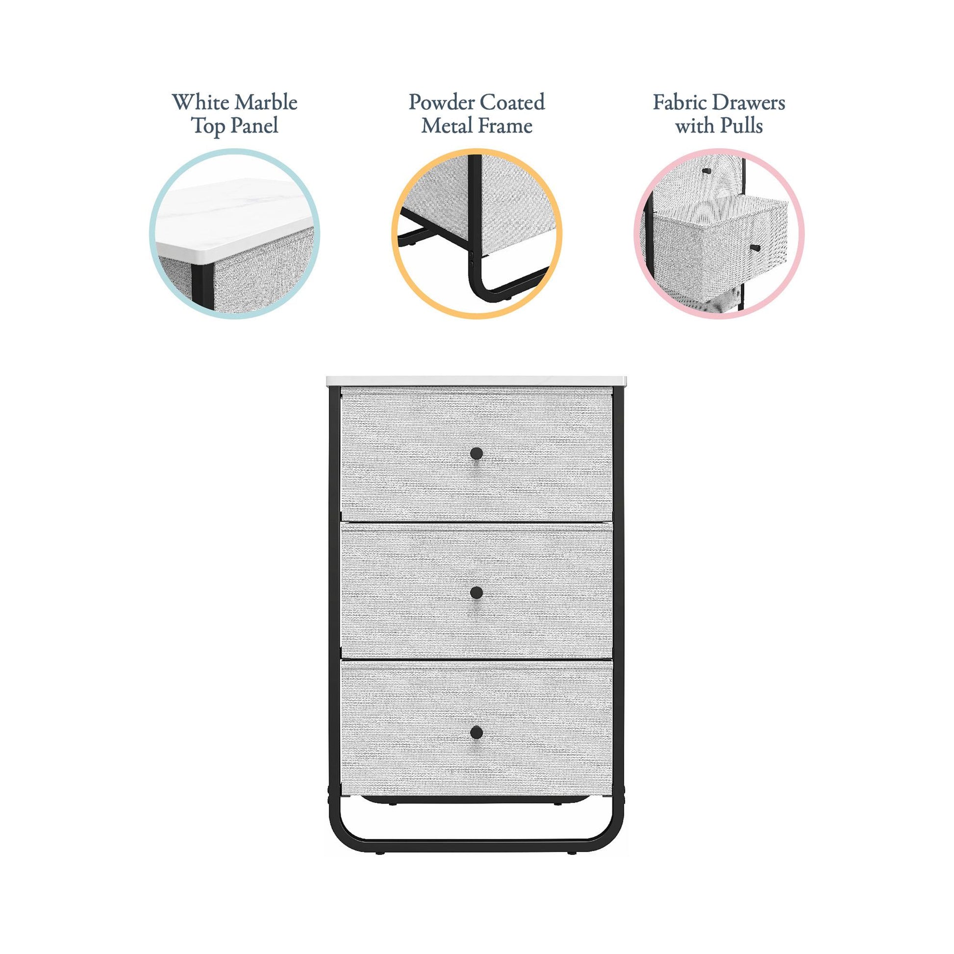 Keegan 3 Drawer Fabric Bin Storage Organizer with Metal Frame - White marble