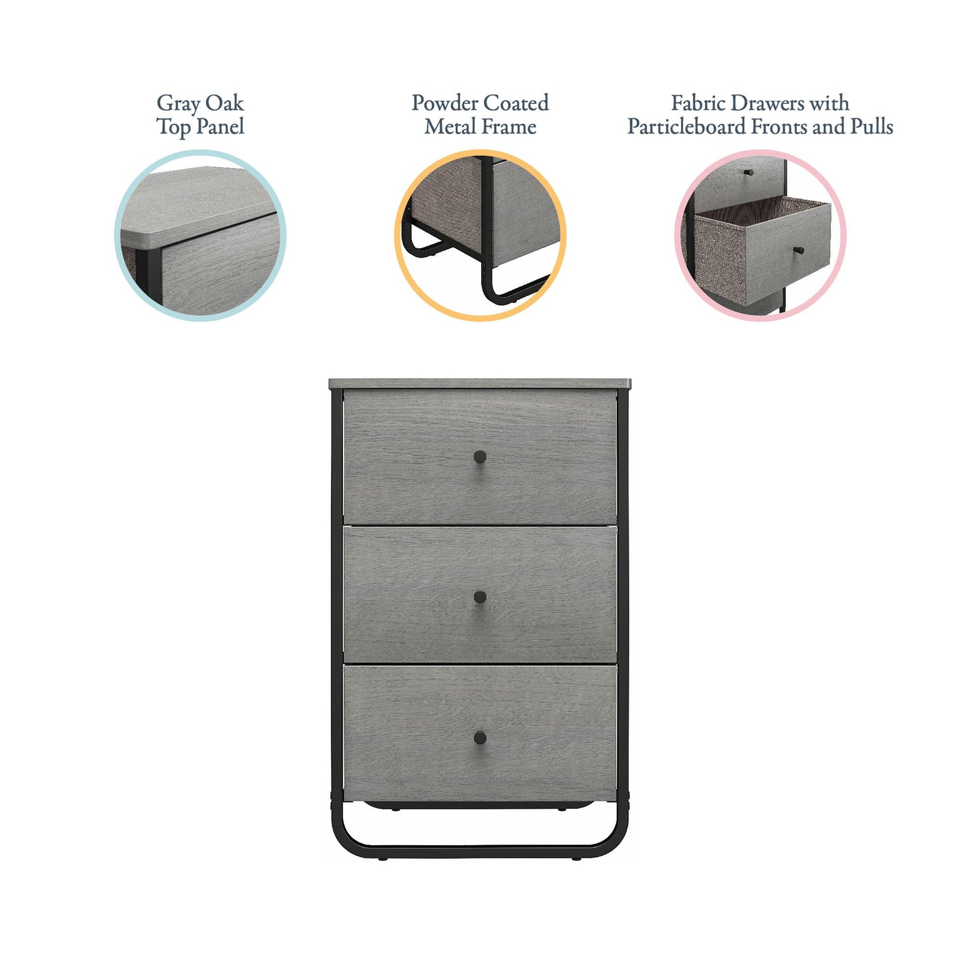 Keegan 3 Drawer Fabric Bin Storage Organizer with Metal Frame - Gray Oak