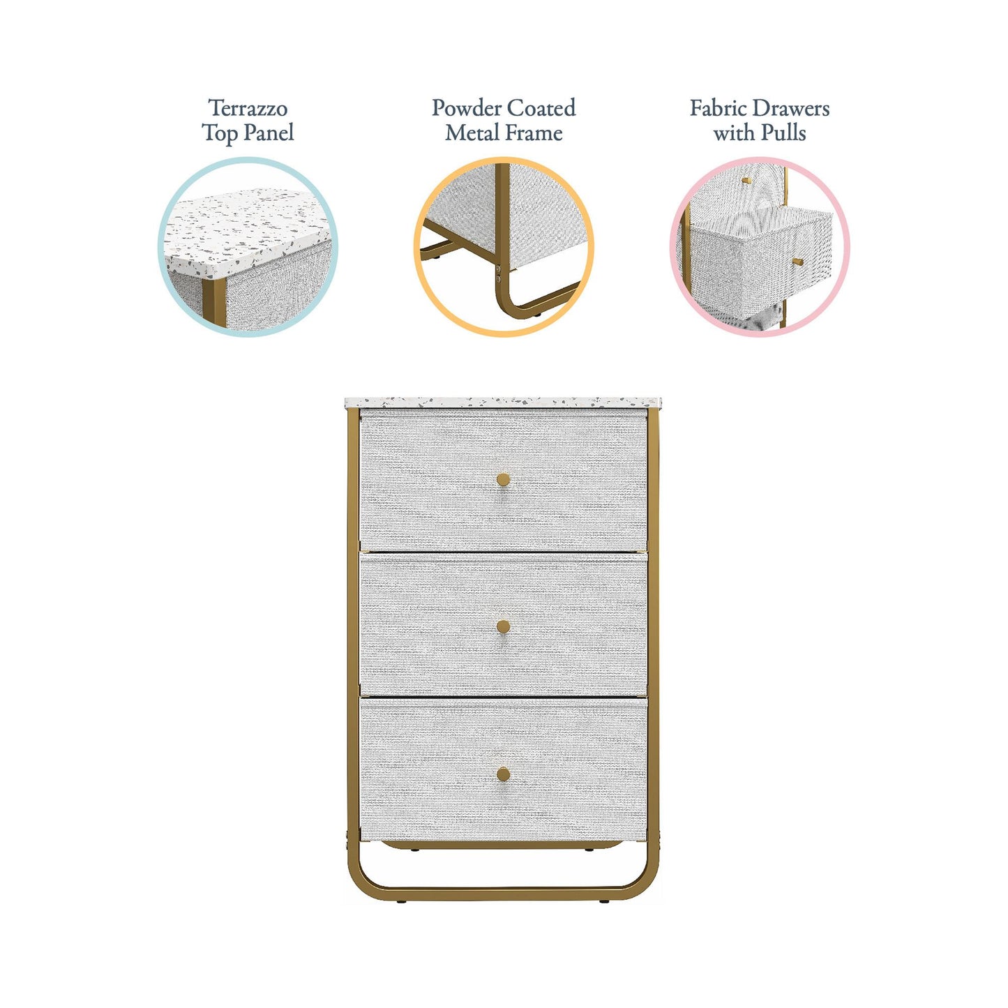 Keegan 3 Drawer Fabric Bin Storage Organizer with Metal Frame - Terrazzo