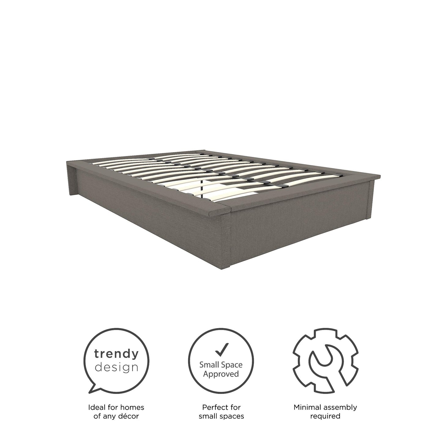 Maven Upholstered Bed with Modern Low Profile Design - Grey Linen - Queen