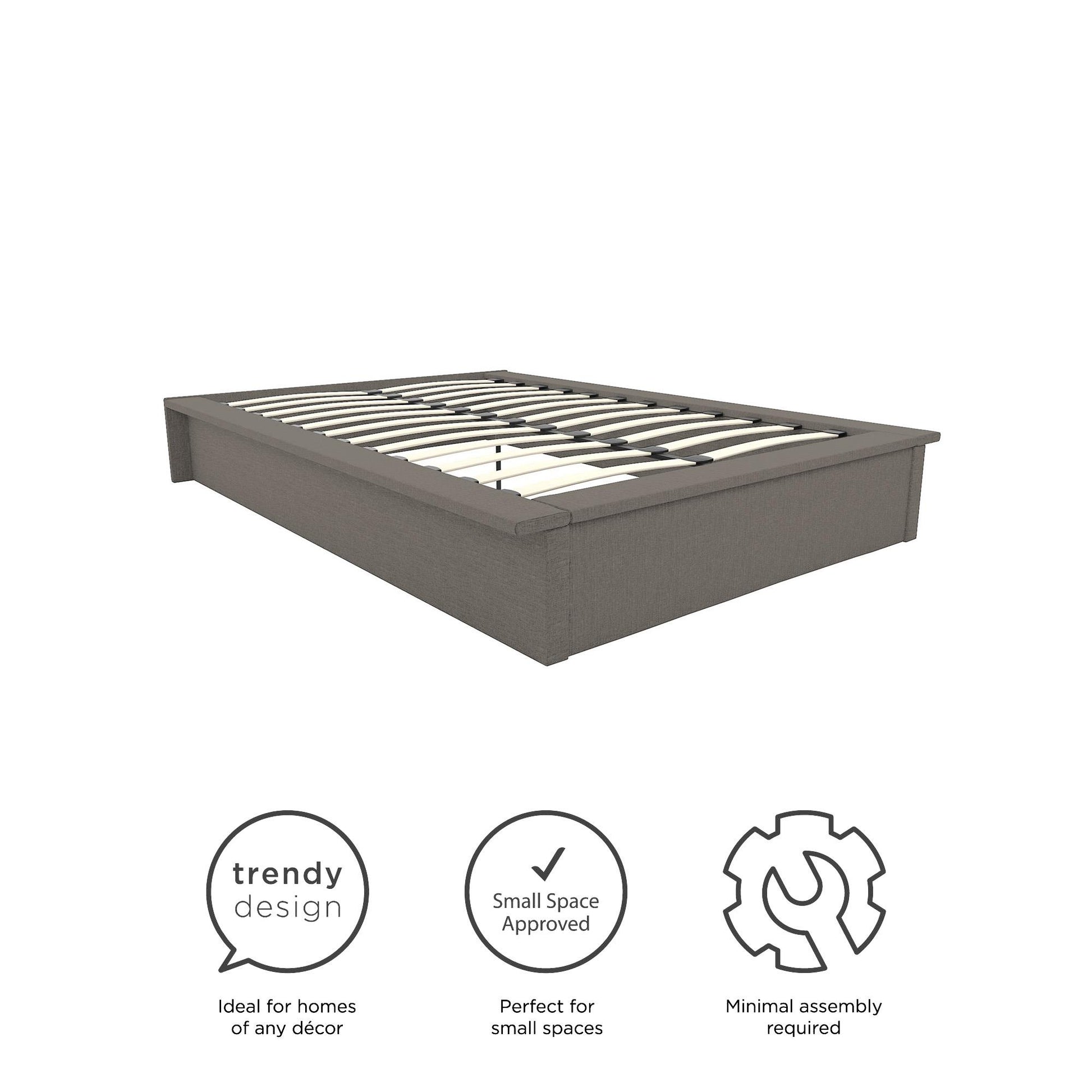 Maven Upholstered Bed with Modern Low Profile Design - Grey Linen - Queen