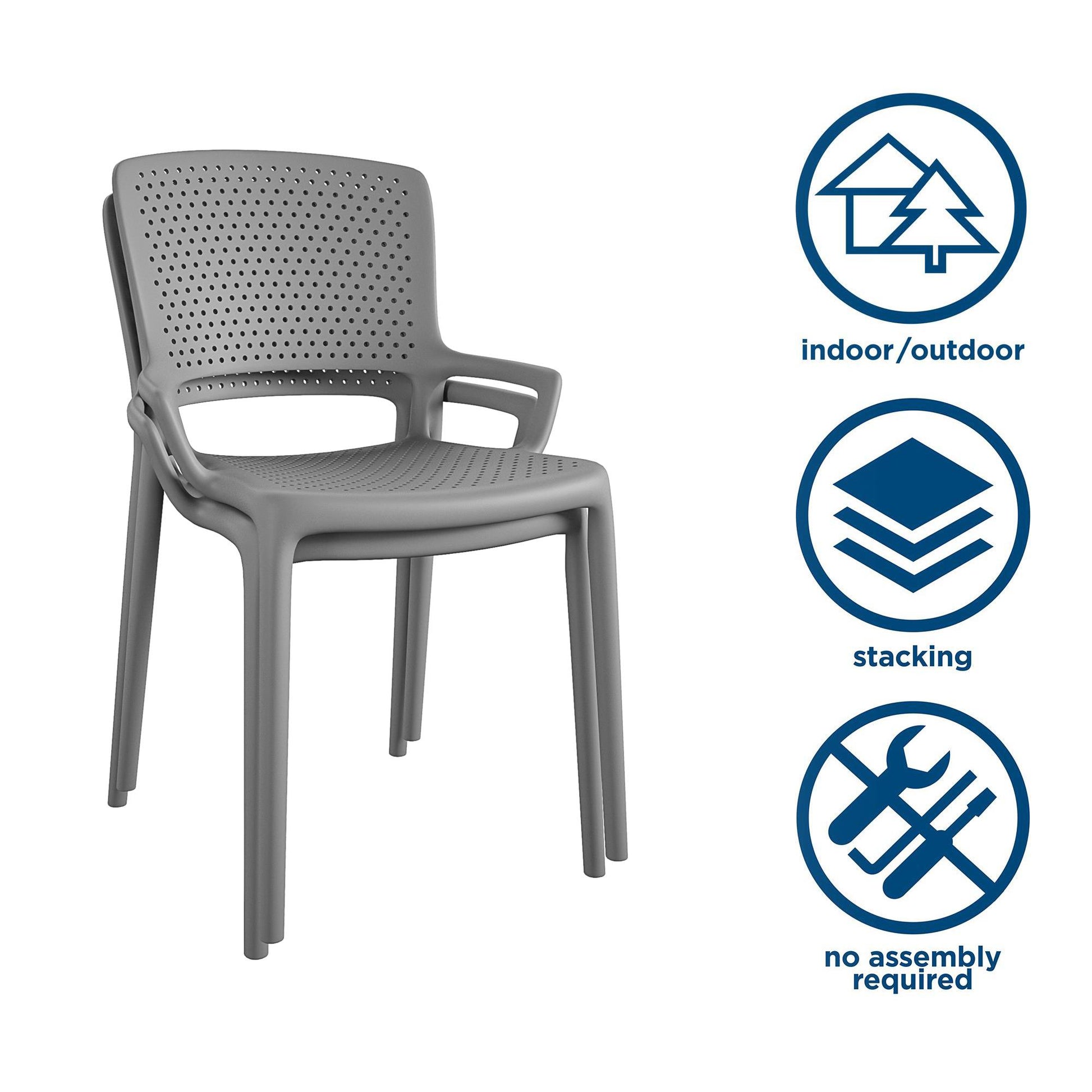 Outdoor/Indoor Stacking Resin Chair with Square Back and Arms, Set of 2 - Fog Gray - 2-Pack