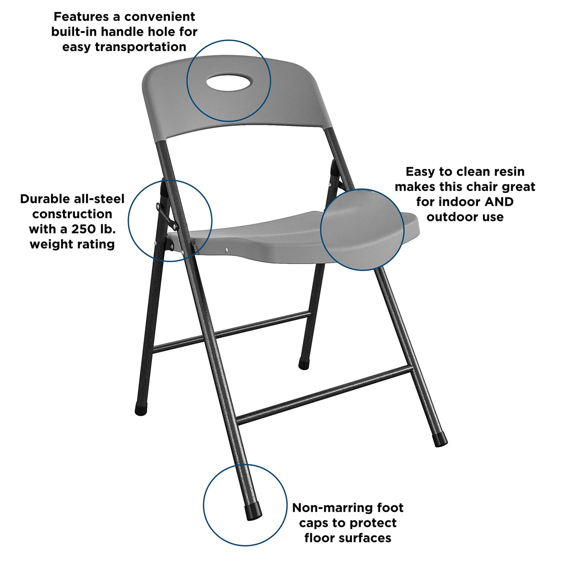 COSCO Solid Resin Plastic Folding Chair, Indoor/Outdoor, Double Braced, Gray, 4-Pack - Gray - 4-Pack