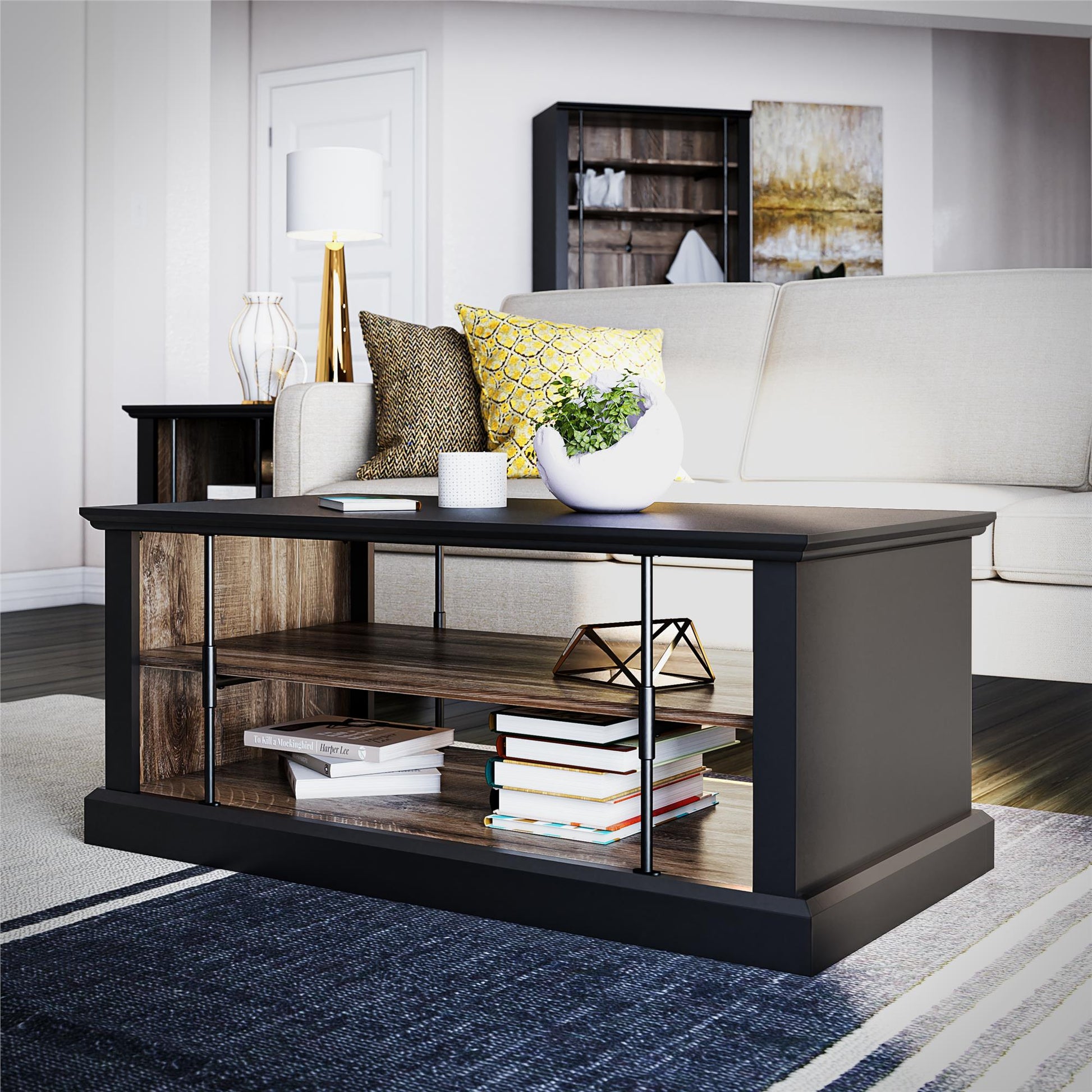 Hoffman Two-Toned Rustic Coffee Table with 2 Shelves, Black and Walnut - Black