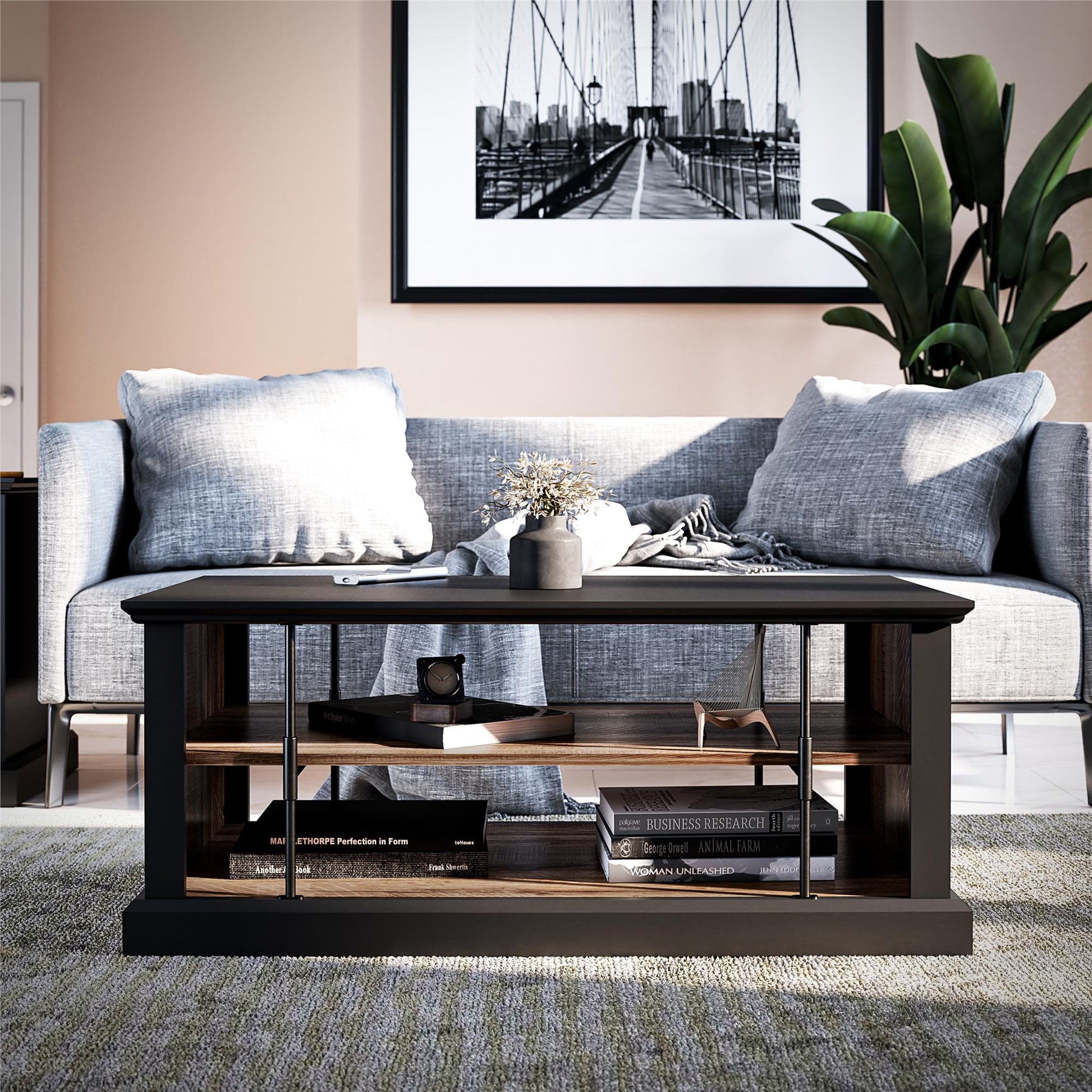 Hoffman Two-Toned Rustic Coffee Table with 2 Shelves, Black and Walnut - Black