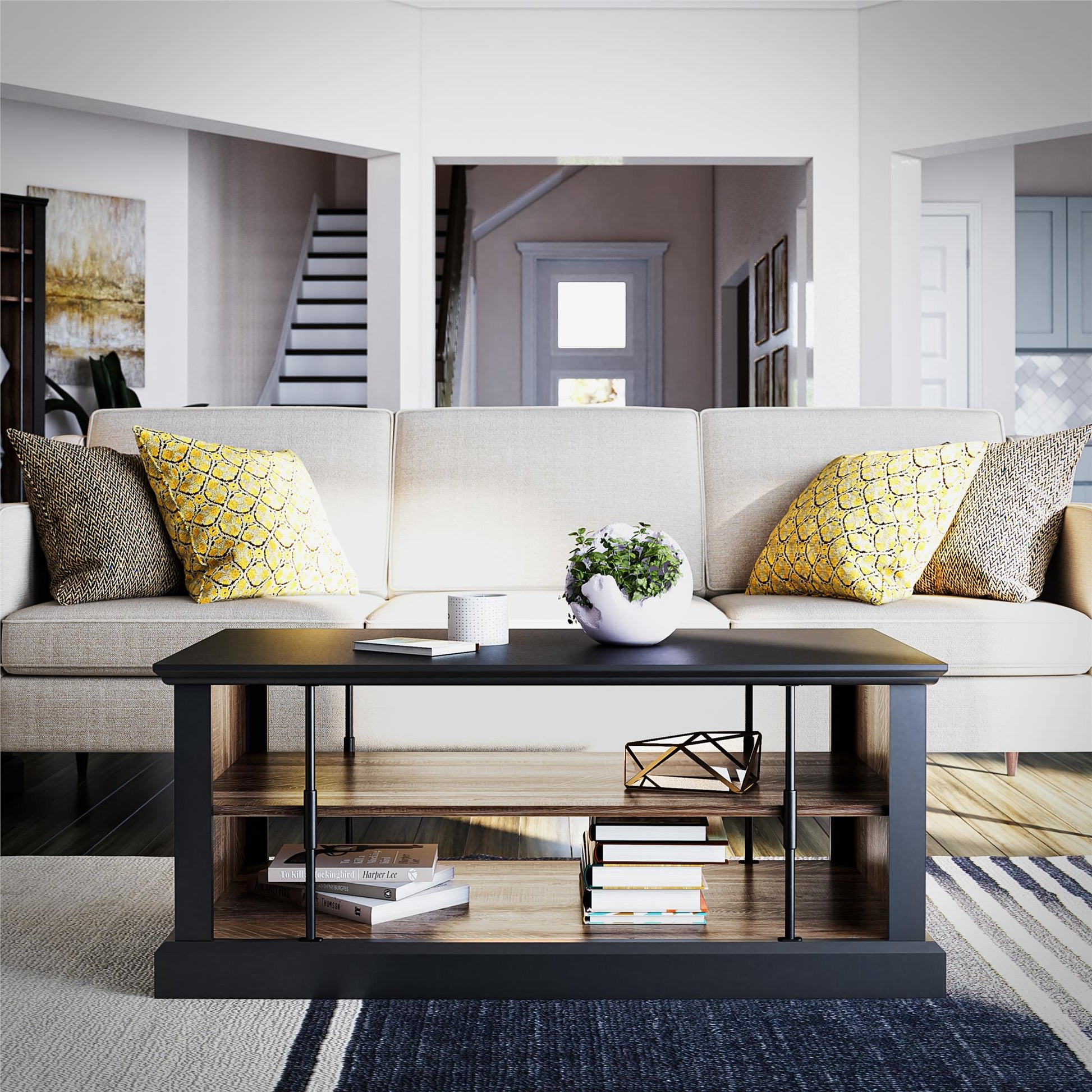 Hoffman Two-Toned Rustic Coffee Table with 2 Shelves, Black and Walnut - Black