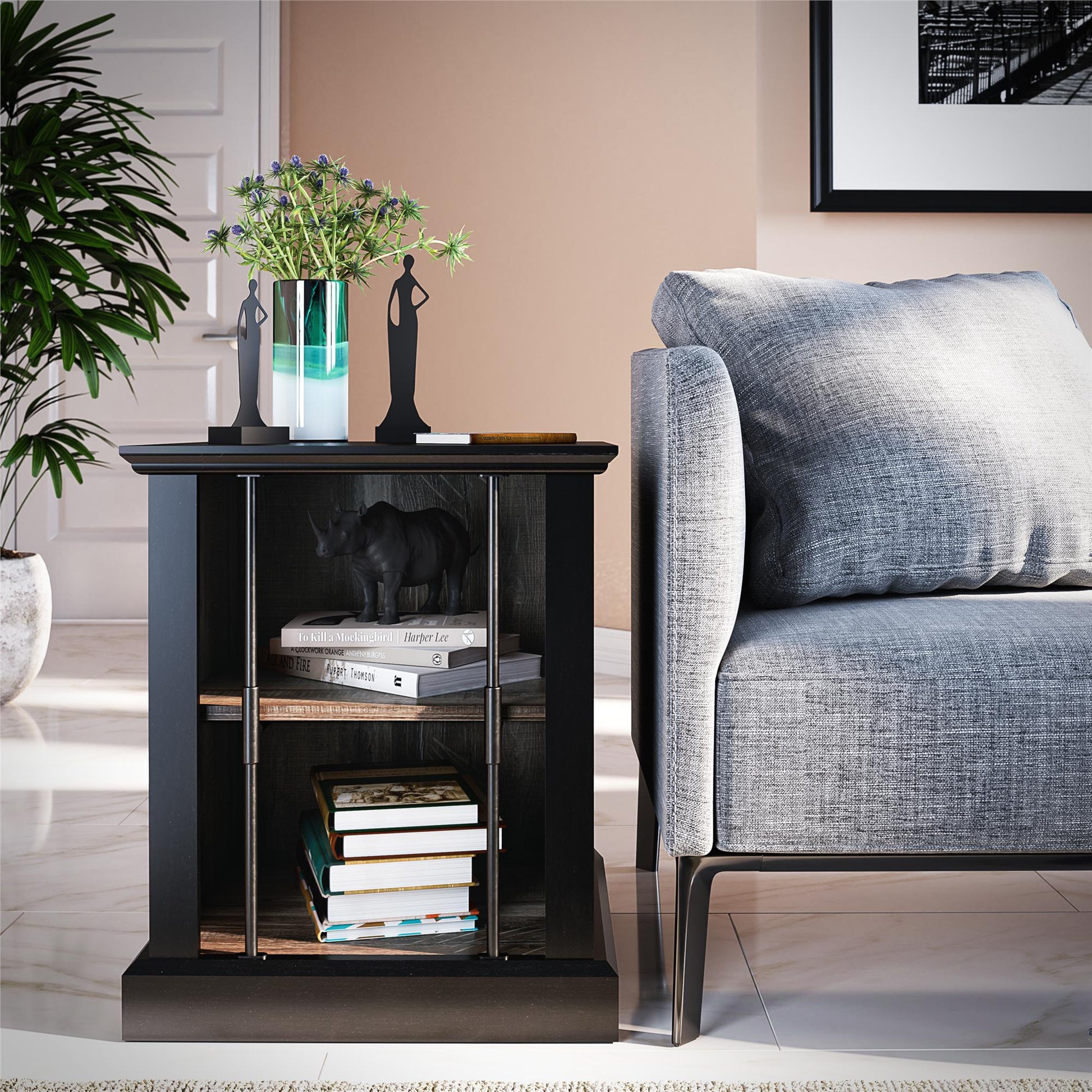 Hoffman Two-Toned Rustic End Table with 2 Open Shelves, Black and Walnut - Black
