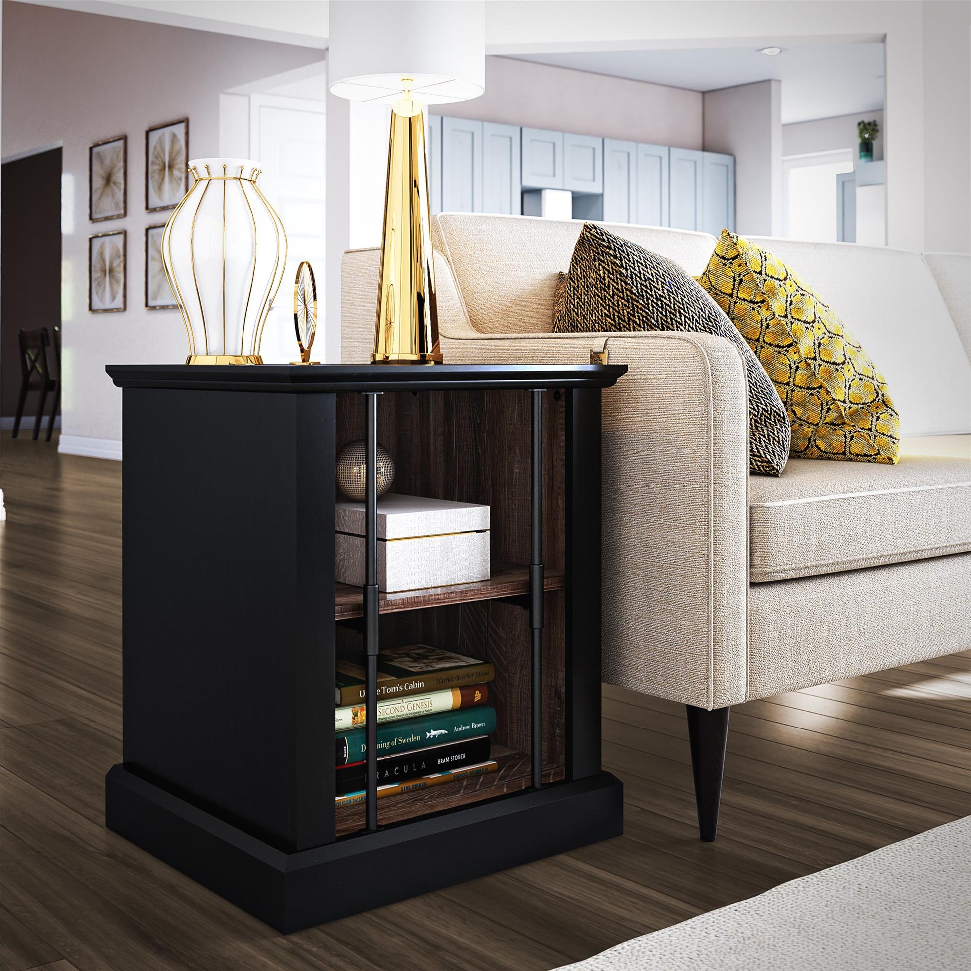 Hoffman Two-Toned Rustic End Table with 2 Open Shelves, Black and Walnut - Black