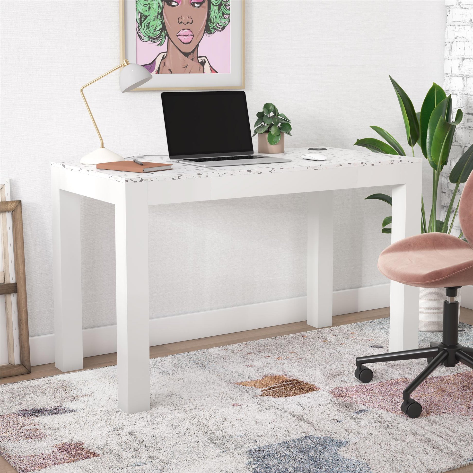 CosmoLiving by Cosmopolitan Astor Desk w/ Wireless Charger, White with Terrazzo Top - White