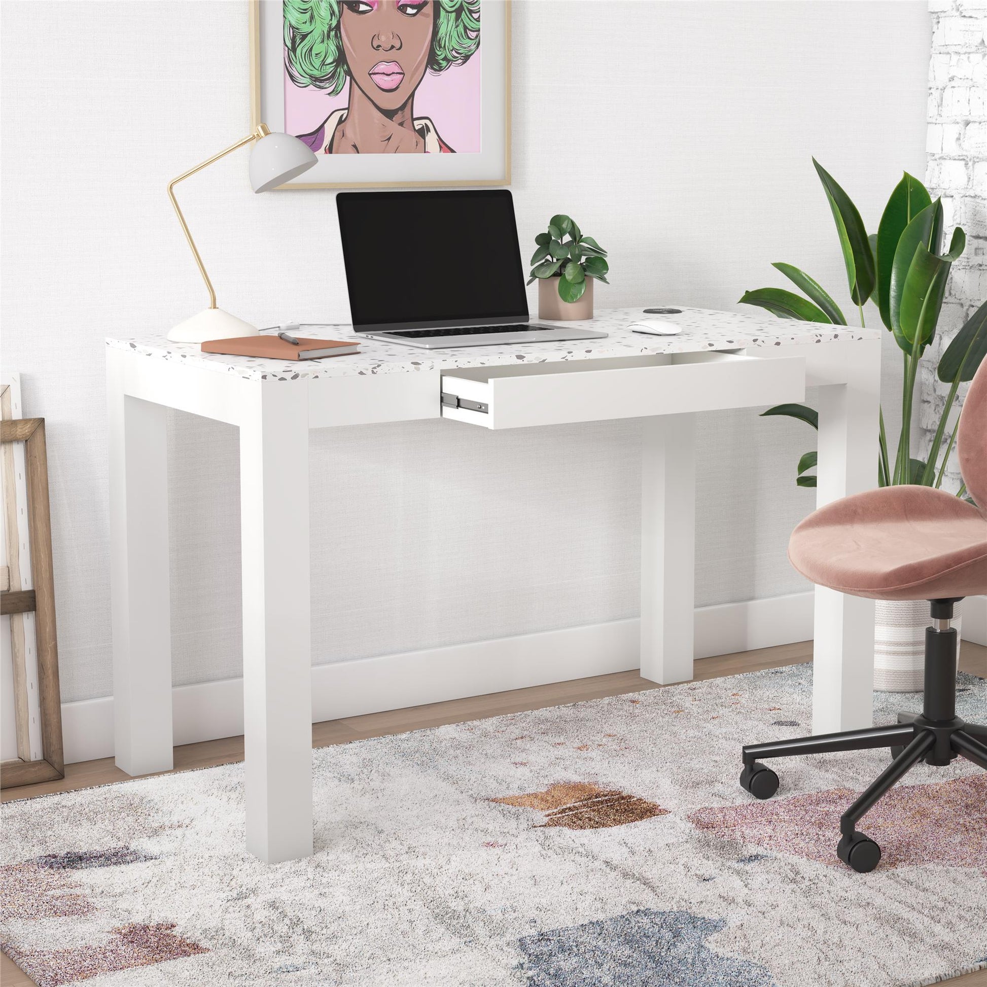 CosmoLiving by Cosmopolitan Astor Desk w/ Wireless Charger, White with Terrazzo Top - White