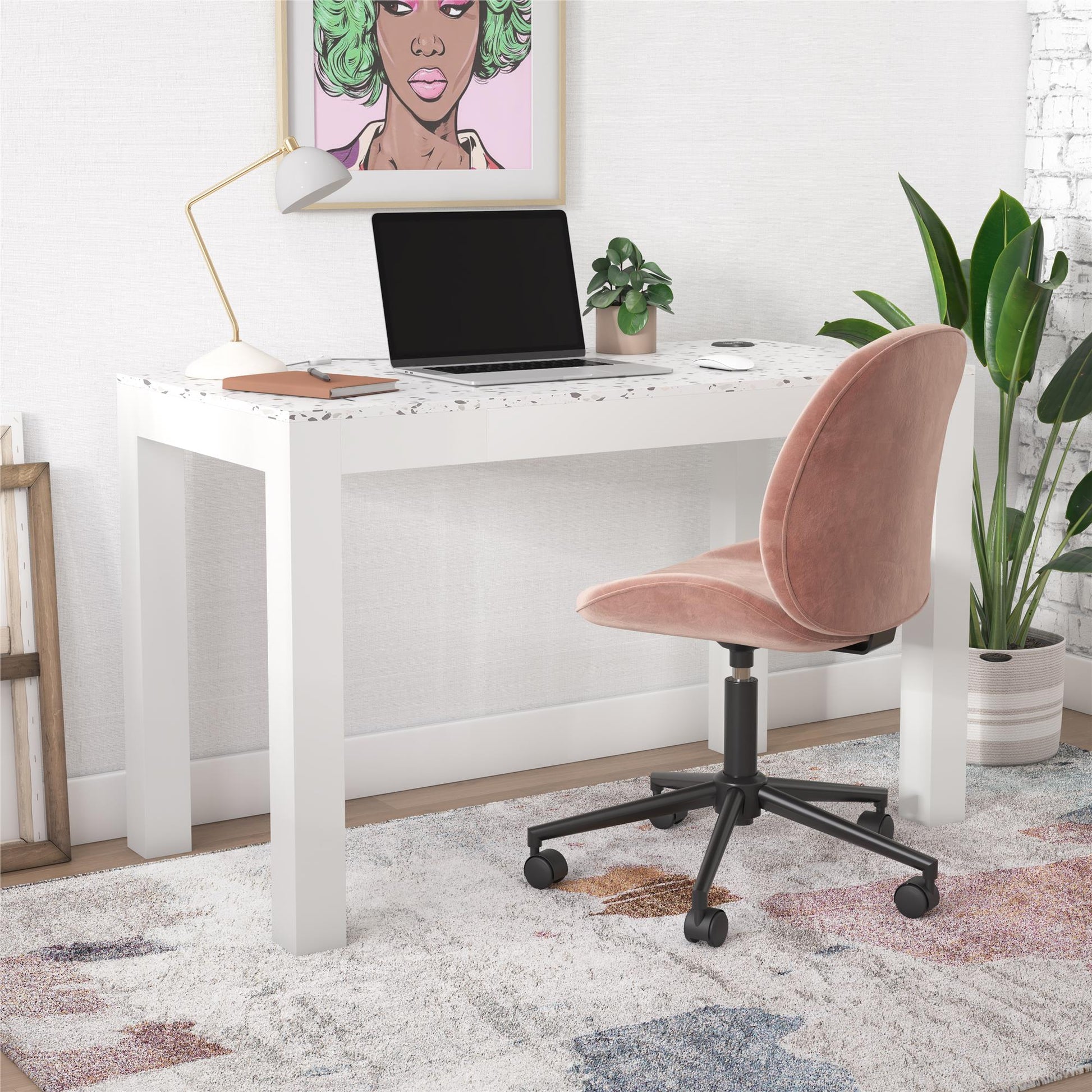 CosmoLiving by Cosmopolitan Astor Desk w/ Wireless Charger, White with Terrazzo Top - White