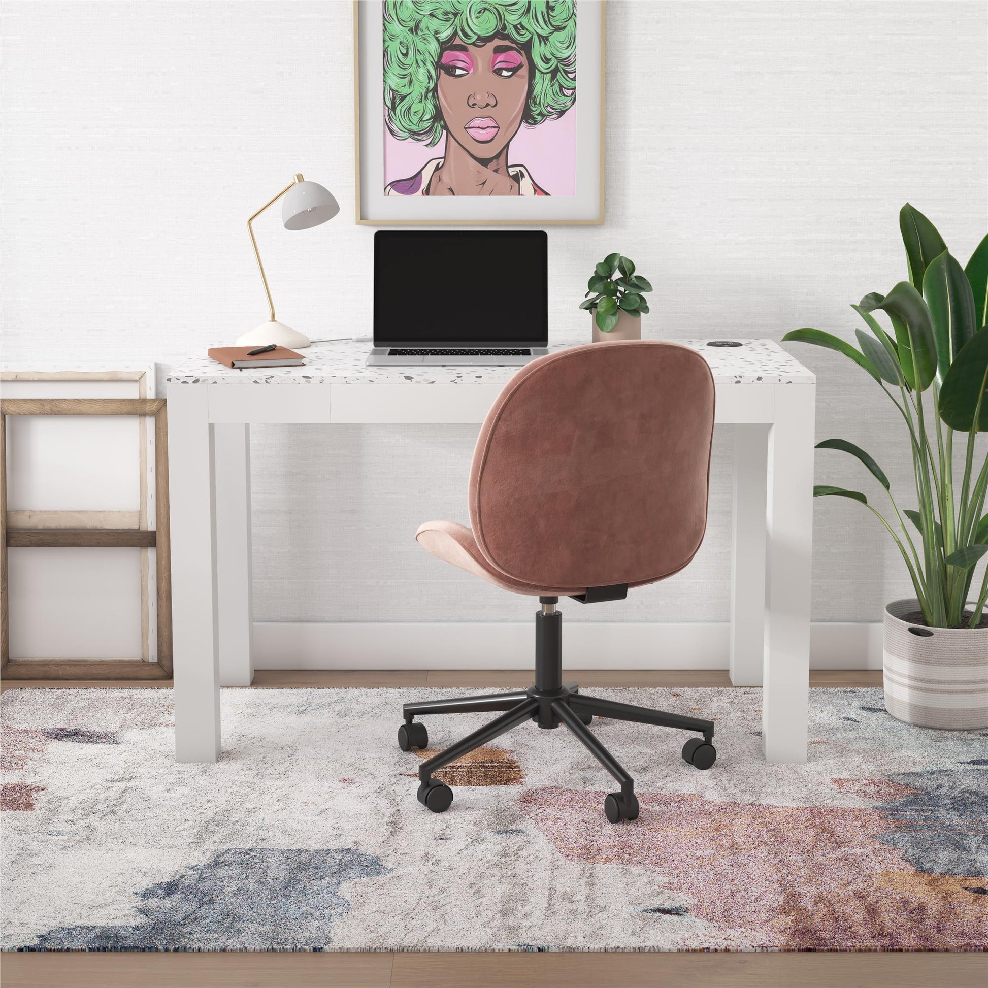 CosmoLiving by Cosmopolitan Astor Desk w/ Wireless Charger, White with Terrazzo Top - White