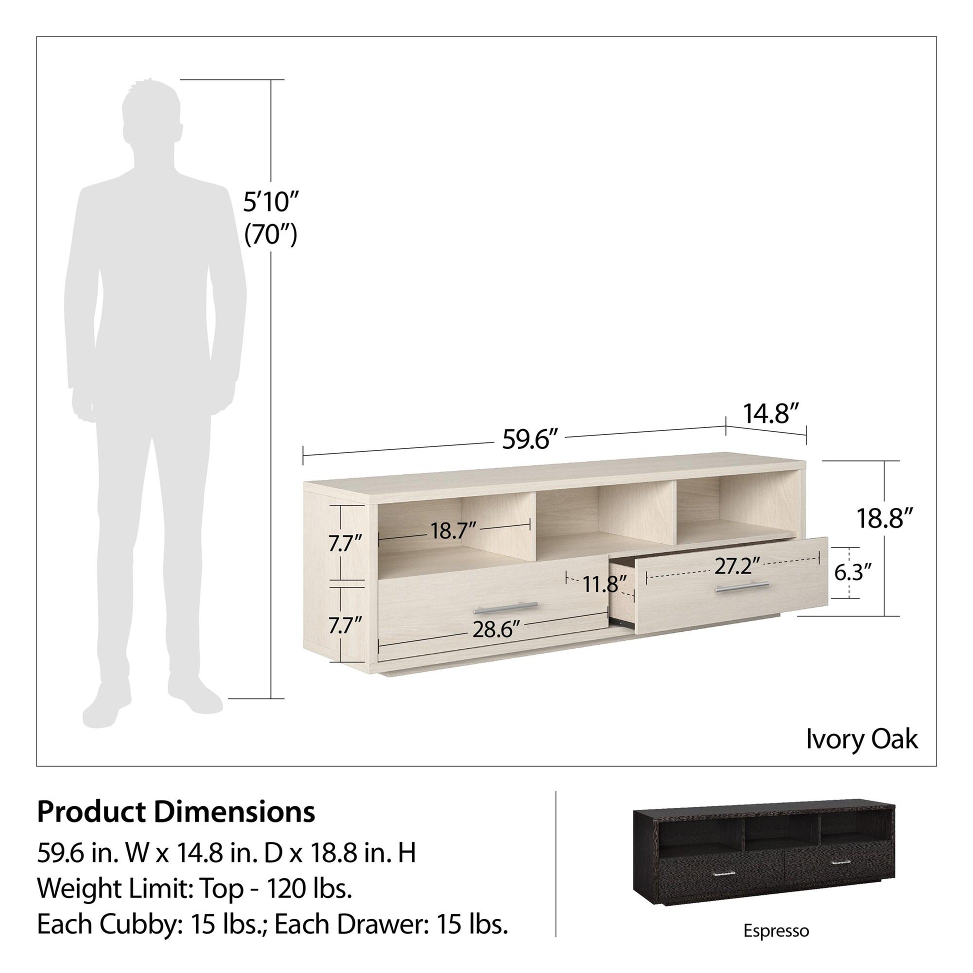 Clark TV Stand for TVs up to 70 inch with Pull Out Storage Drawers - Ivory Oak