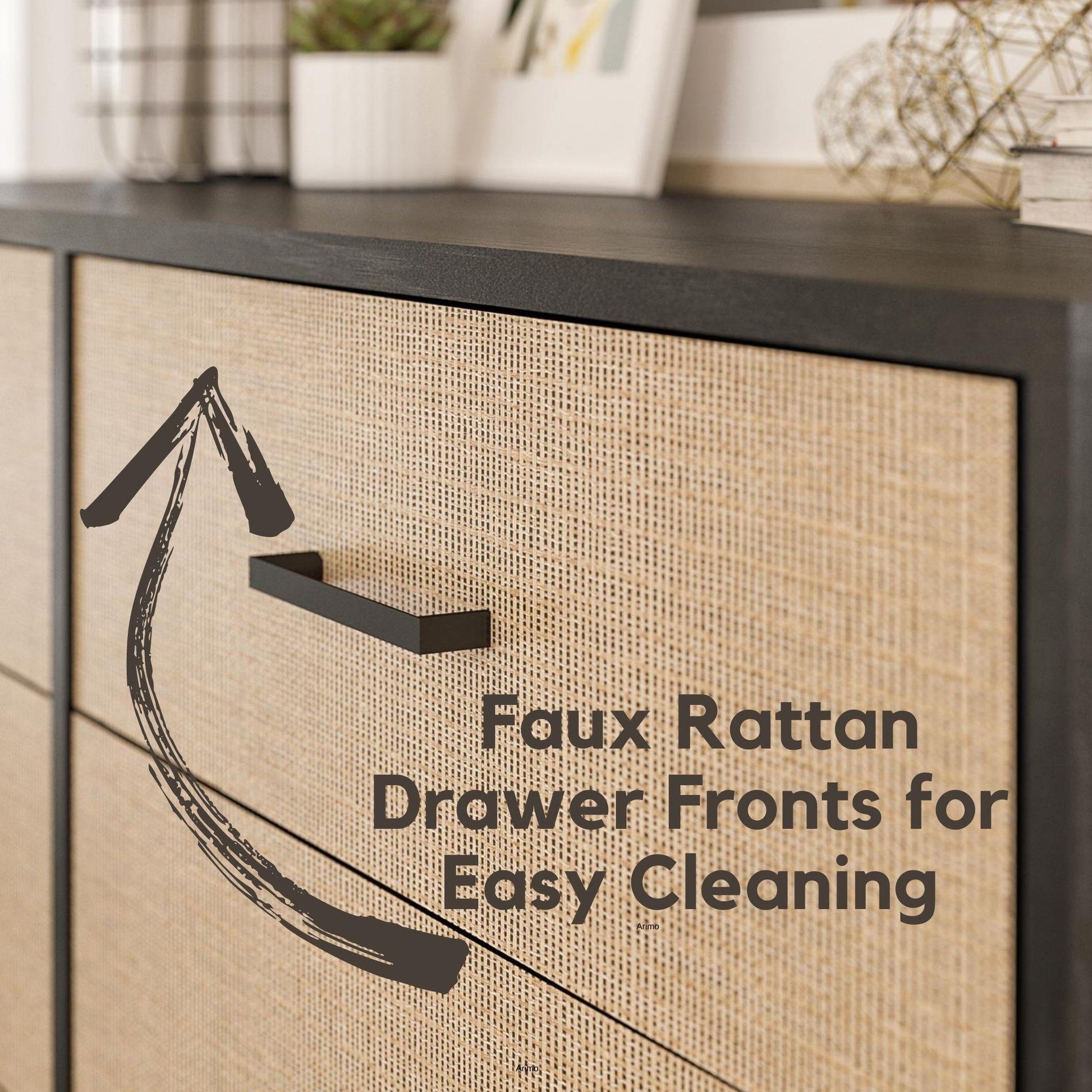 Kelly 5 Drawer Dresser, Faux Rattan & Black Oak - Black Oak