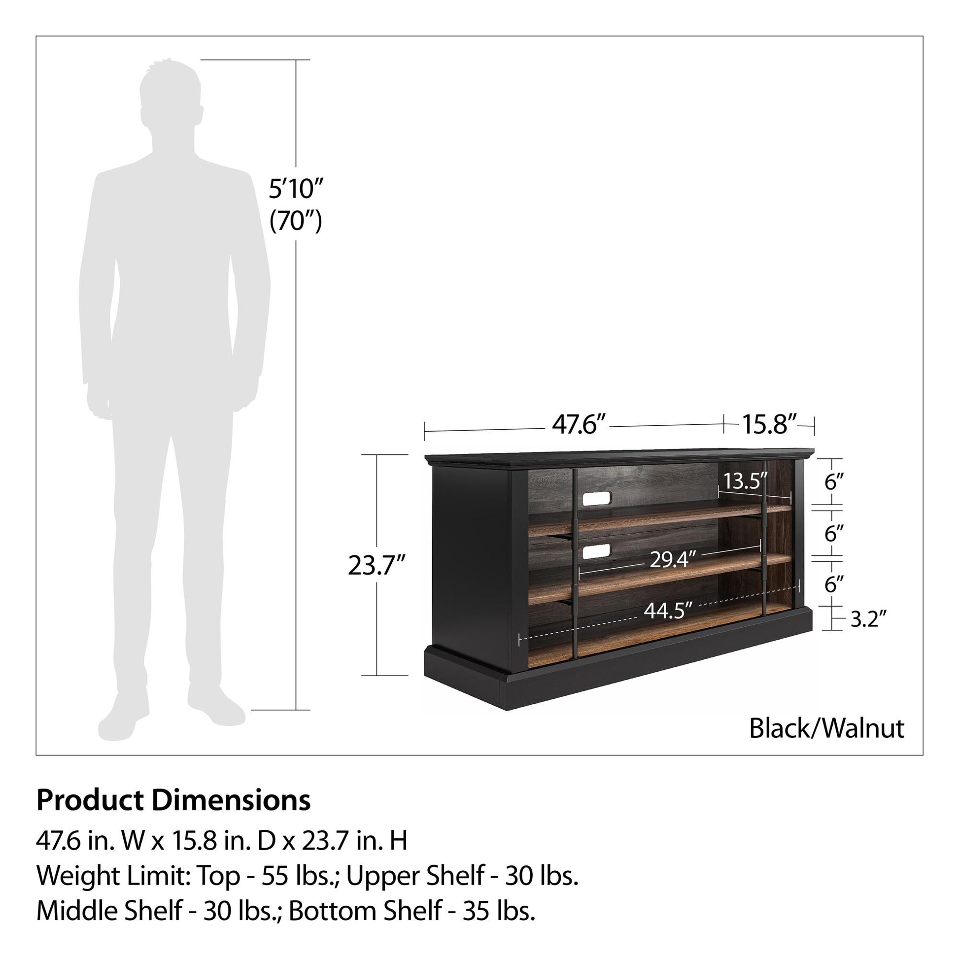 Hoffman Rustic Two-Toned TV Stand for TVs up to 50", Black and Walnut - Black