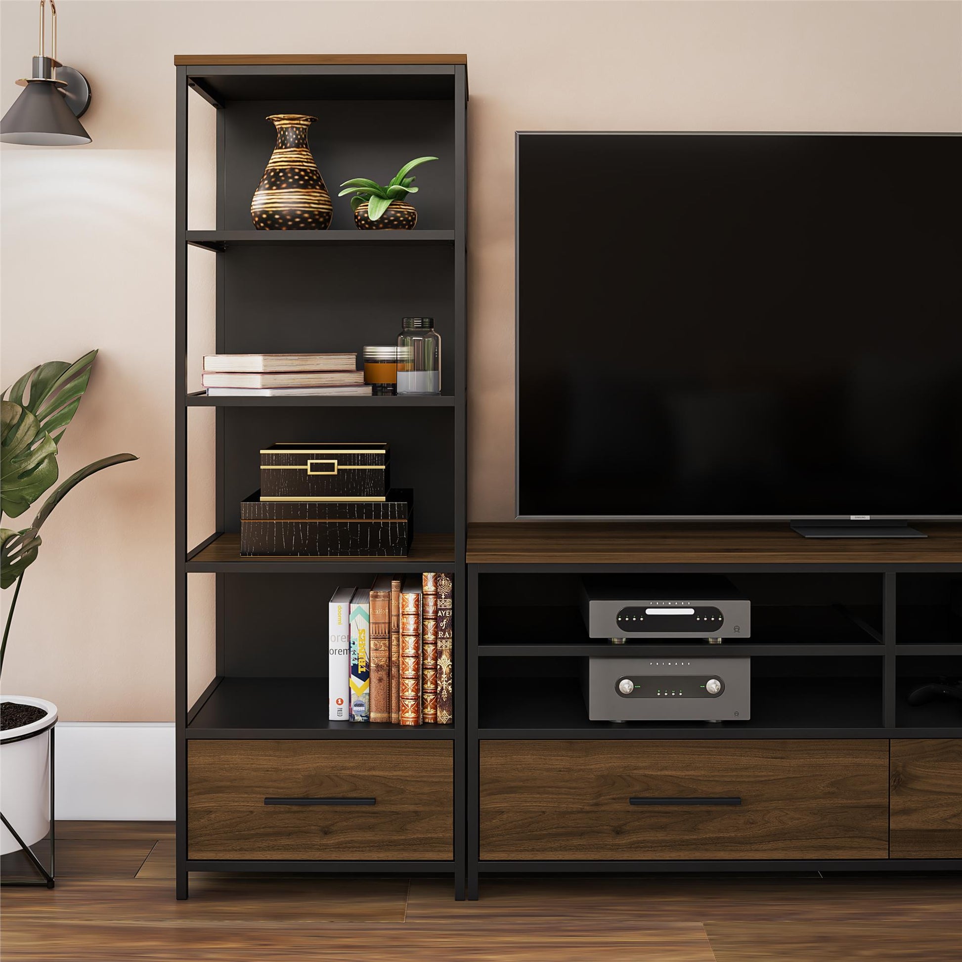 Structure Mixed Media Audio Pier with 2 Shelves and 1 Drawer - Columbia Walnut