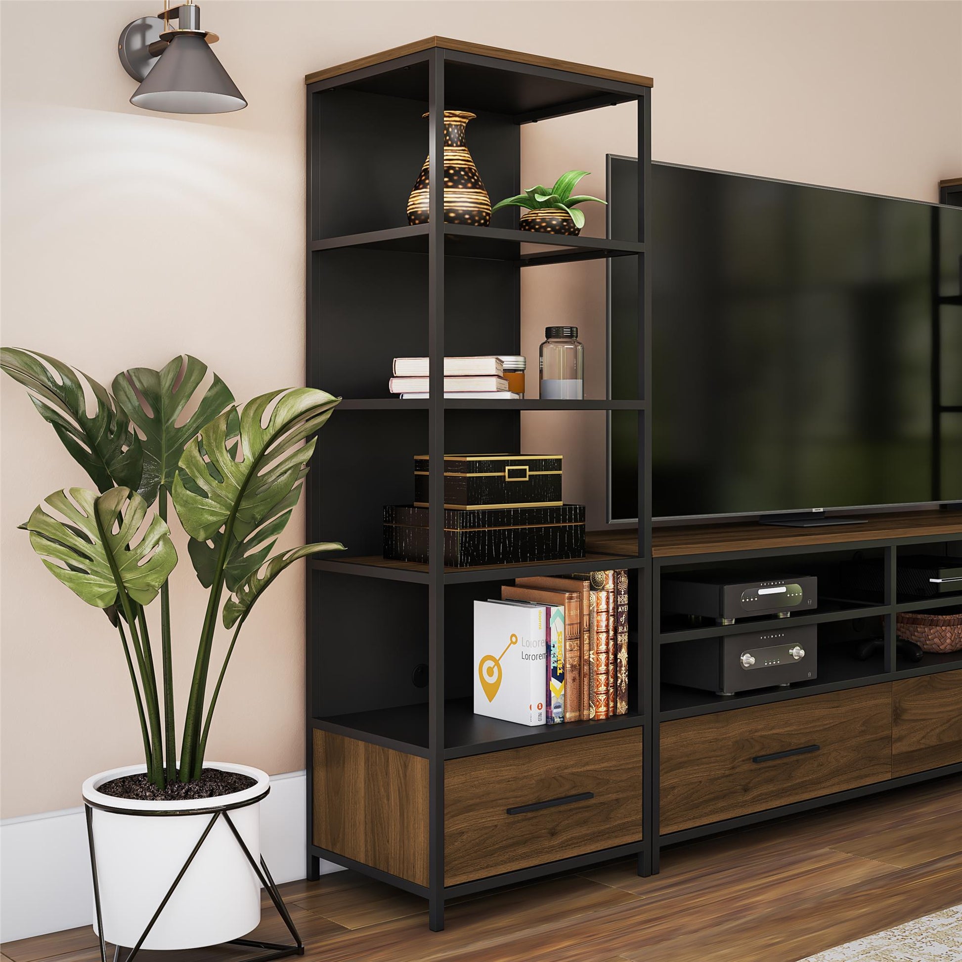 Structure Mixed Media Audio Pier with 2 Shelves and 1 Drawer - Columbia Walnut