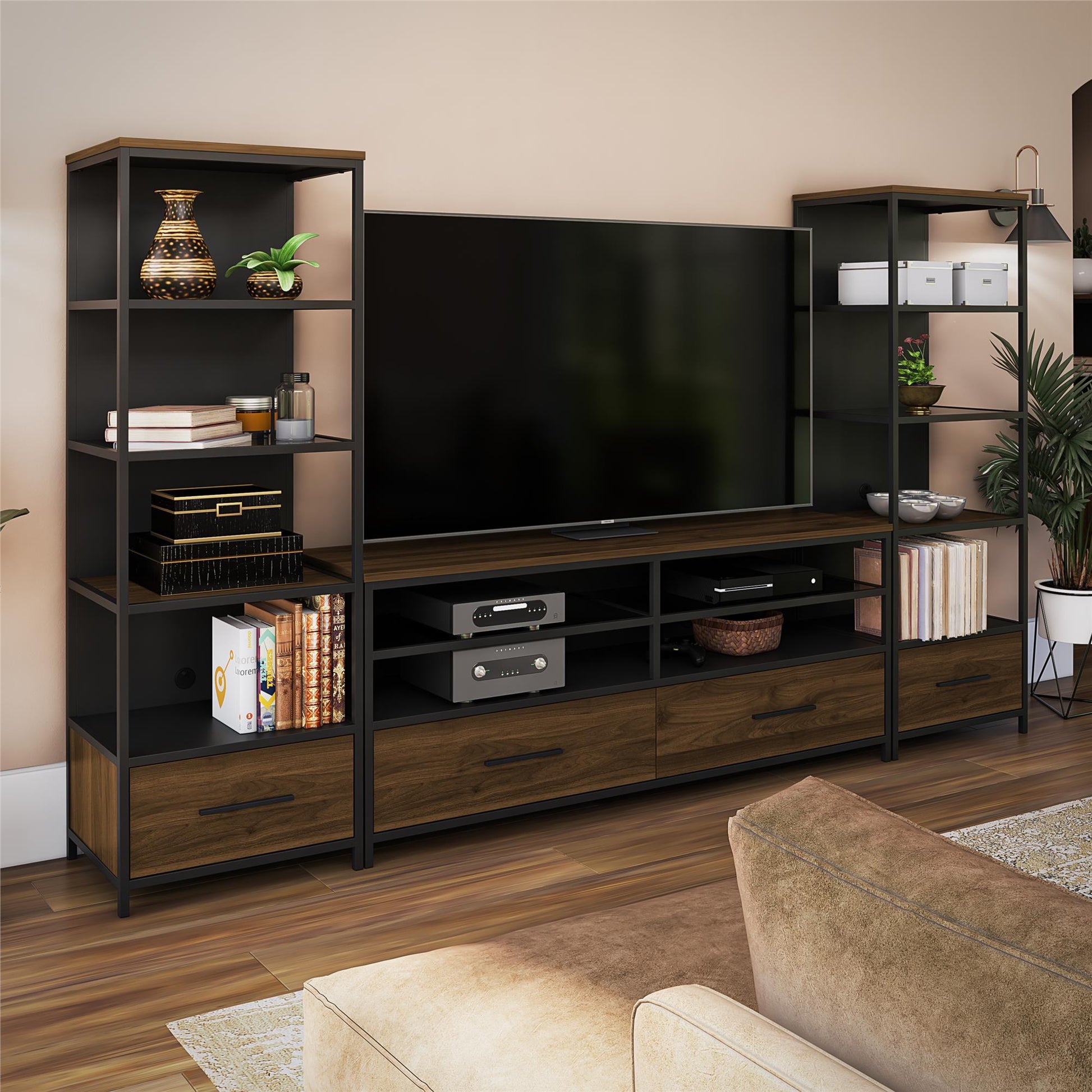 Structure Mixed Media Audio Pier with 2 Shelves and 1 Drawer - Columbia Walnut
