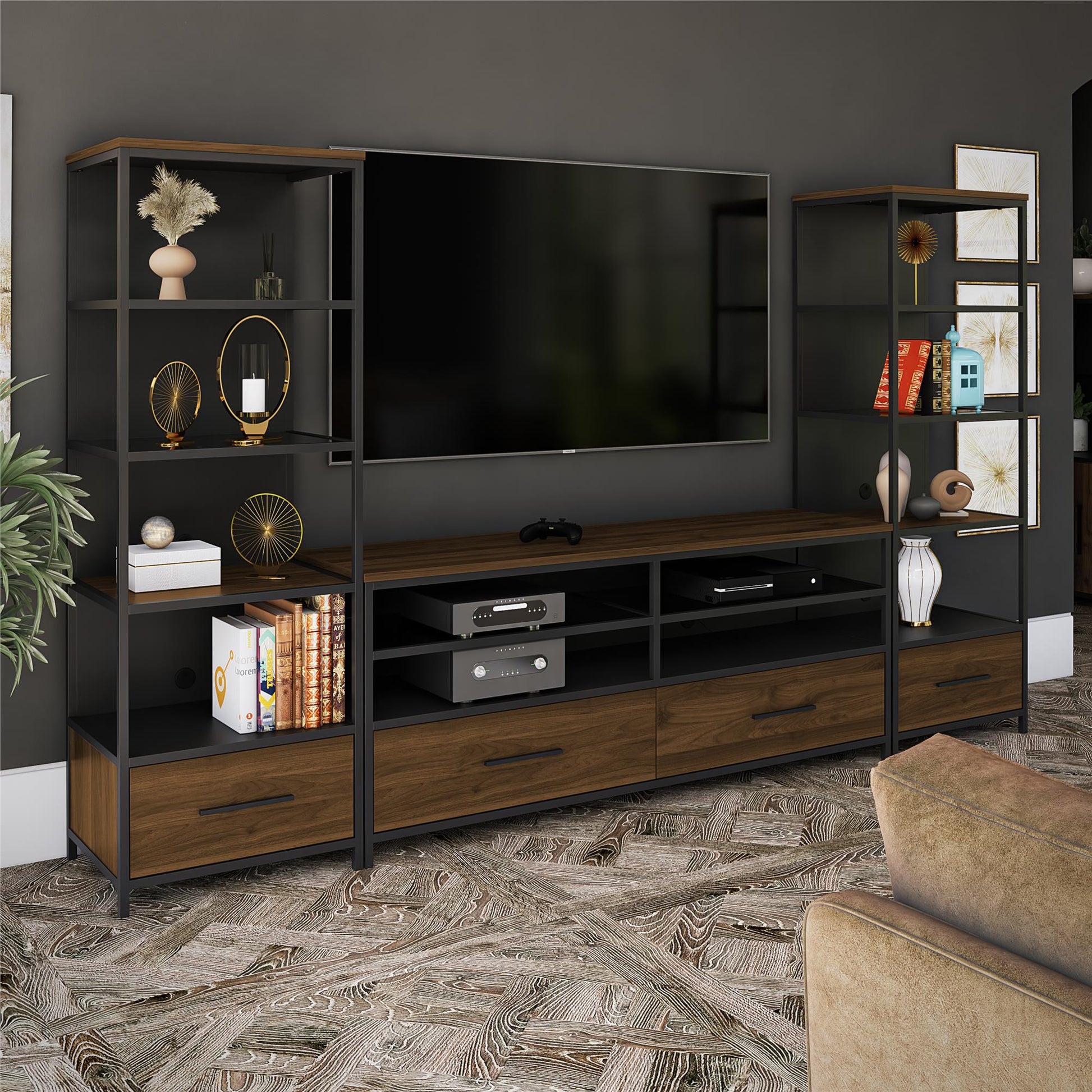 Structure Mixed Media Audio Pier with 2 Shelves and 1 Drawer - Columbia Walnut