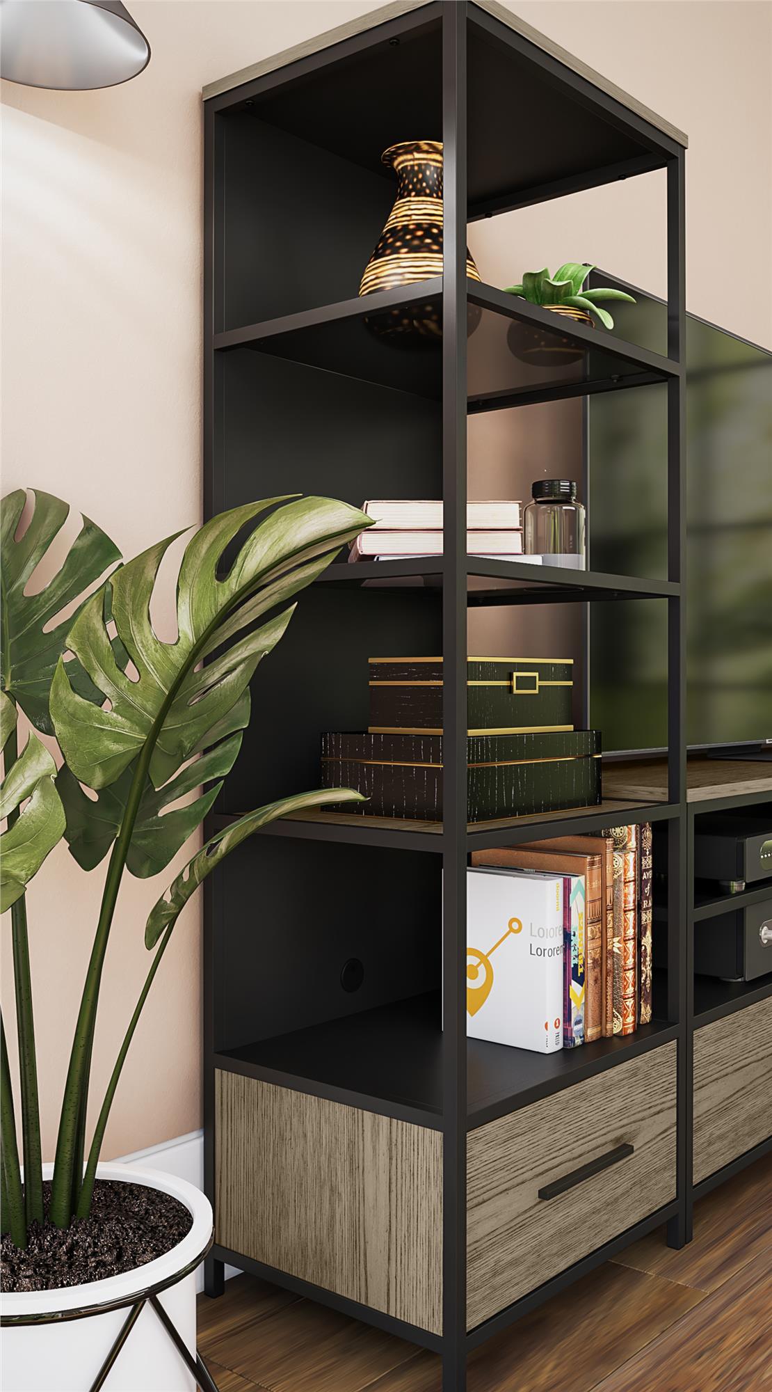 Structure Mixed Media Audio Pier with 2 Shelves and 1 Drawer - Sterling Oak Veneer